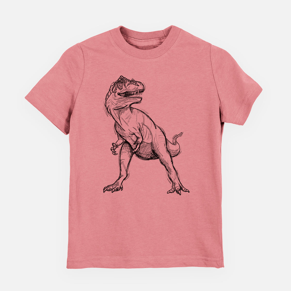 Mauve pink youth t-shirt laid flat, printed with a black ink illustration of an Allosaurus walking.