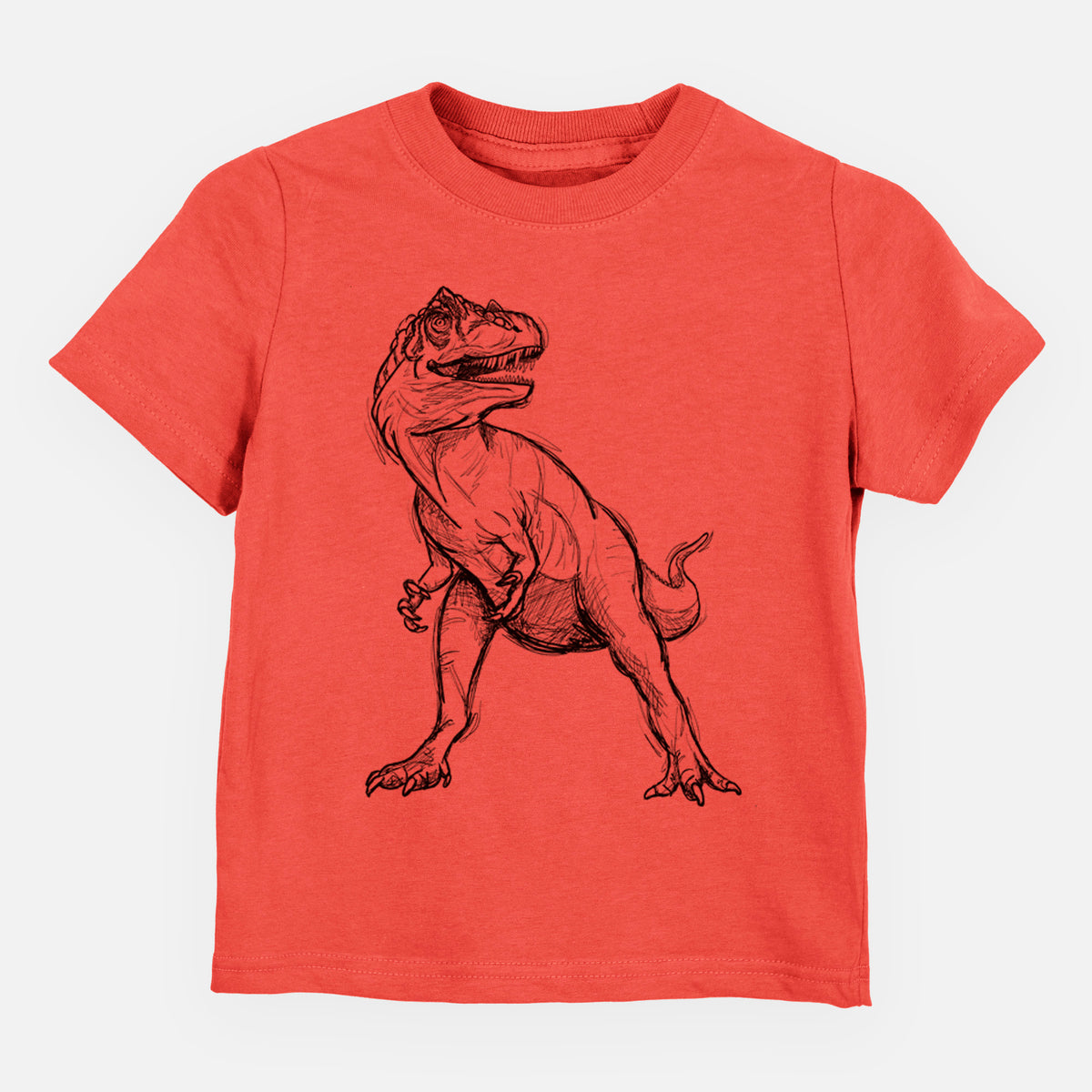 Passionfruit pink toddler t-shirt laid flat, printed with a black ink illustration of an Allosaurus walking.
