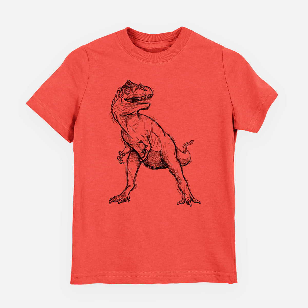 Passionfruit pink youth t-shirt laid flat, printed with a black ink illustration of an Allosaurus walking.