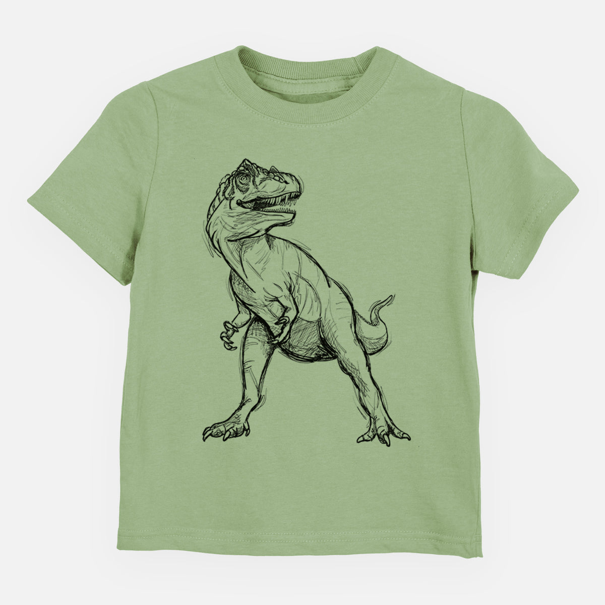 Sage green toddler t-shirt laid flat, printed with a black ink illustration of an Allosaurus walking.