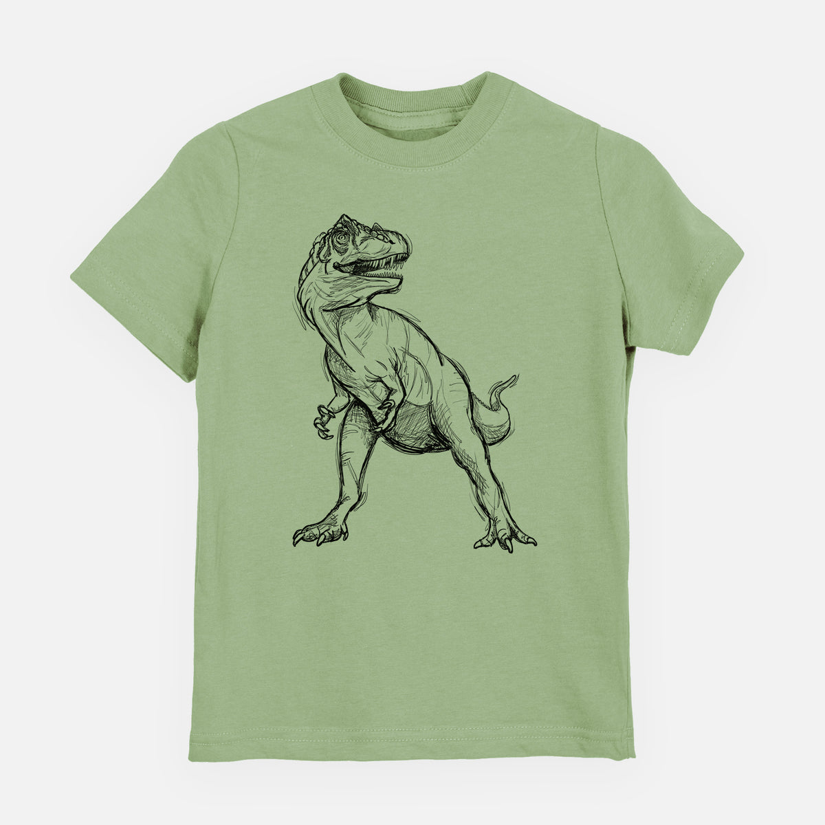 Sage green youth t-shirt laid flat, printed with a black ink illustration of an Allosaurus walking.