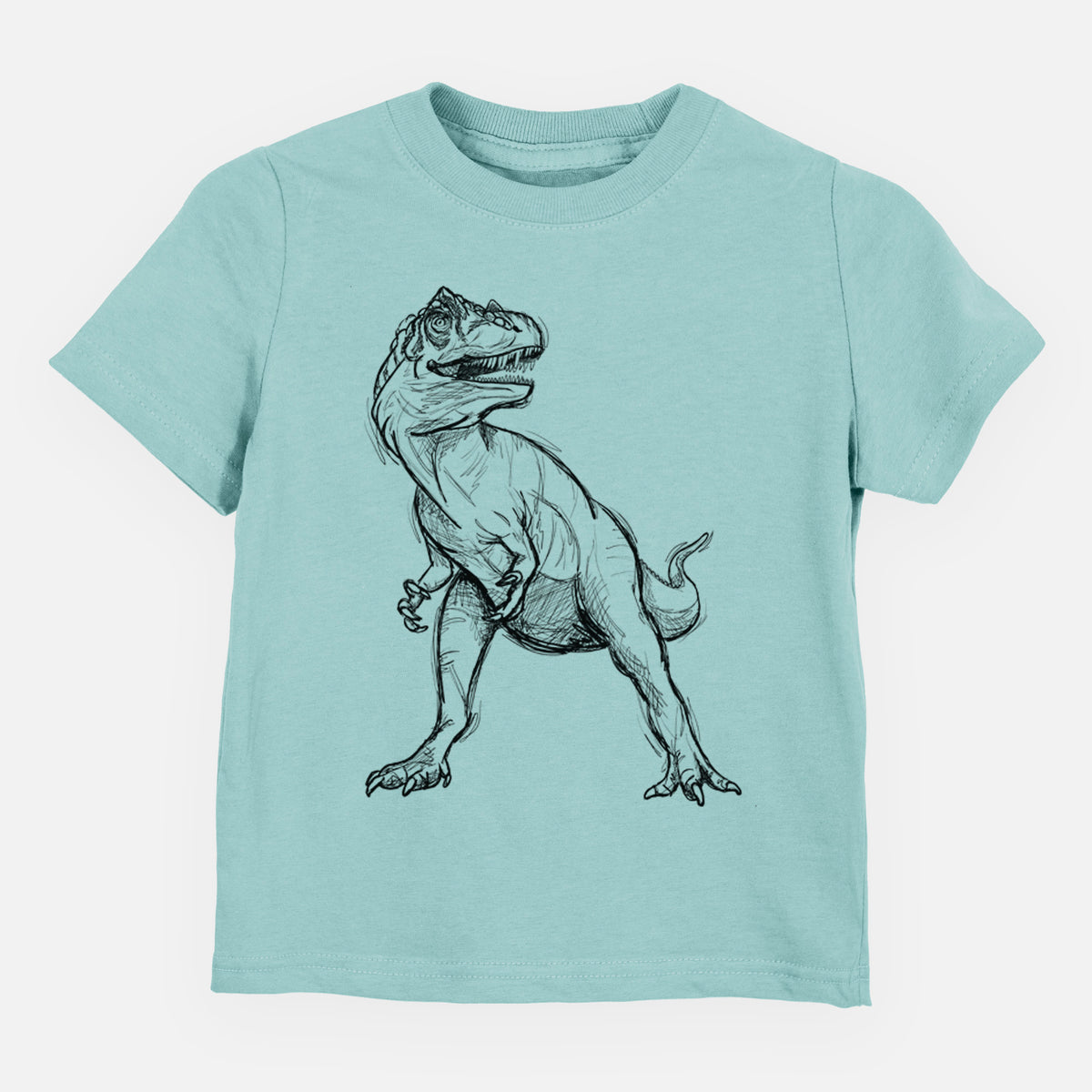 Saltwater toddler t-shirt laid flat, printed with a black ink illustration of an Allosaurus walking.
