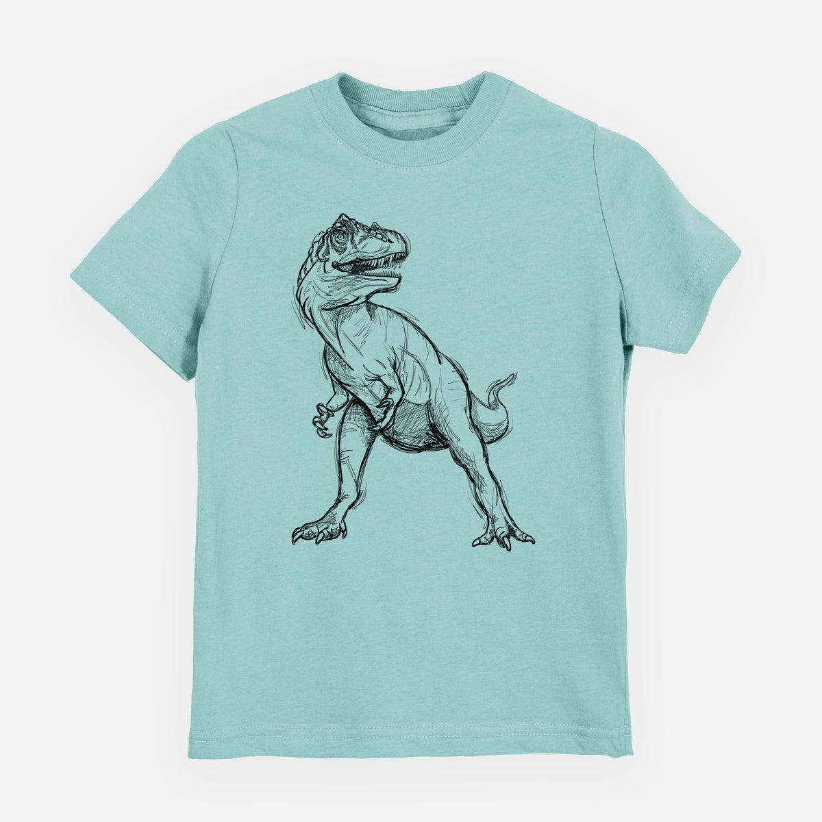 Saltwater youth t-shirt laid flat, printed with a black ink illustration of an Allosaurus walking.