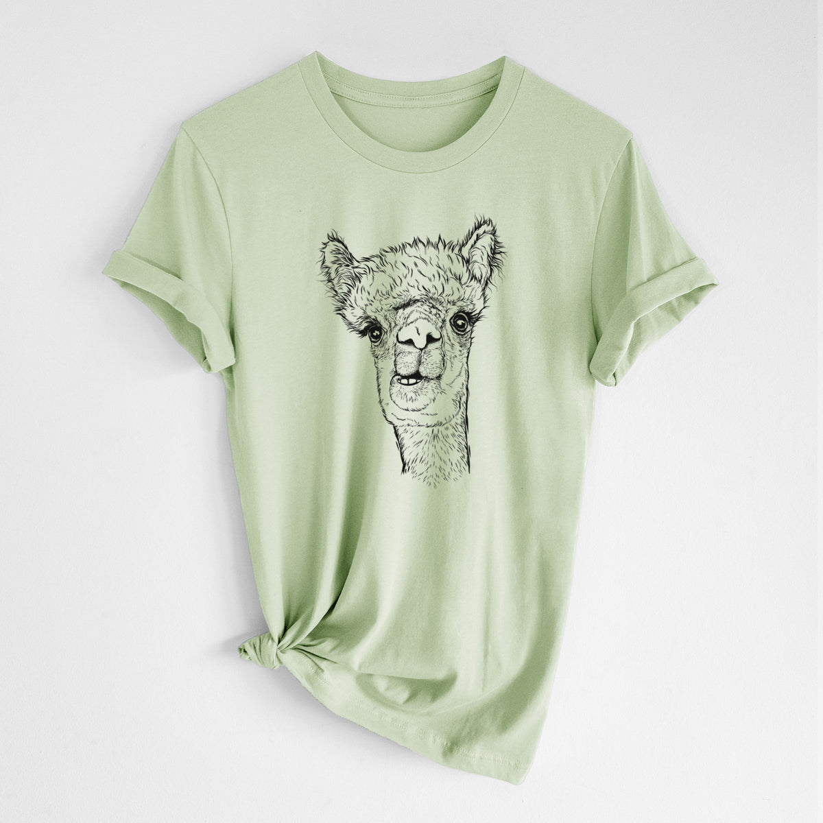 Spring green lightweight cotton t-shirt laid flat with the sleeves rolled, printed with a detailed black ink portrait of a fluffy alpaca's head and neck.