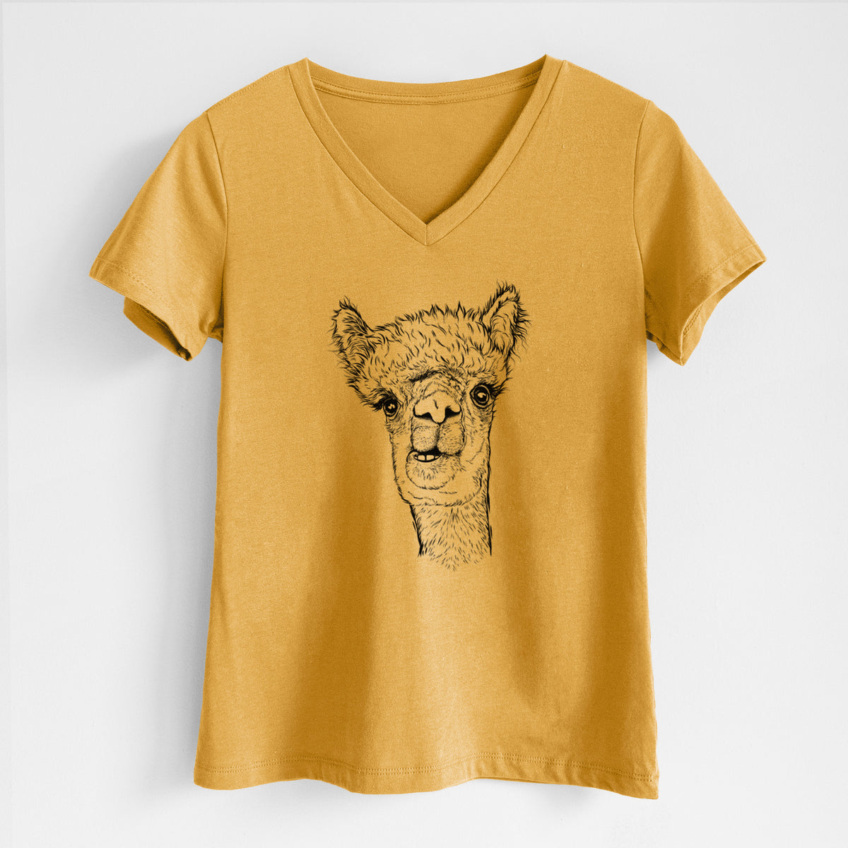 Honeycomb yellow women's relaxed fit cotton V-neck t-shirt laid flat, printed with a detailed black ink portrait of a fluffy alpaca's head and neck.