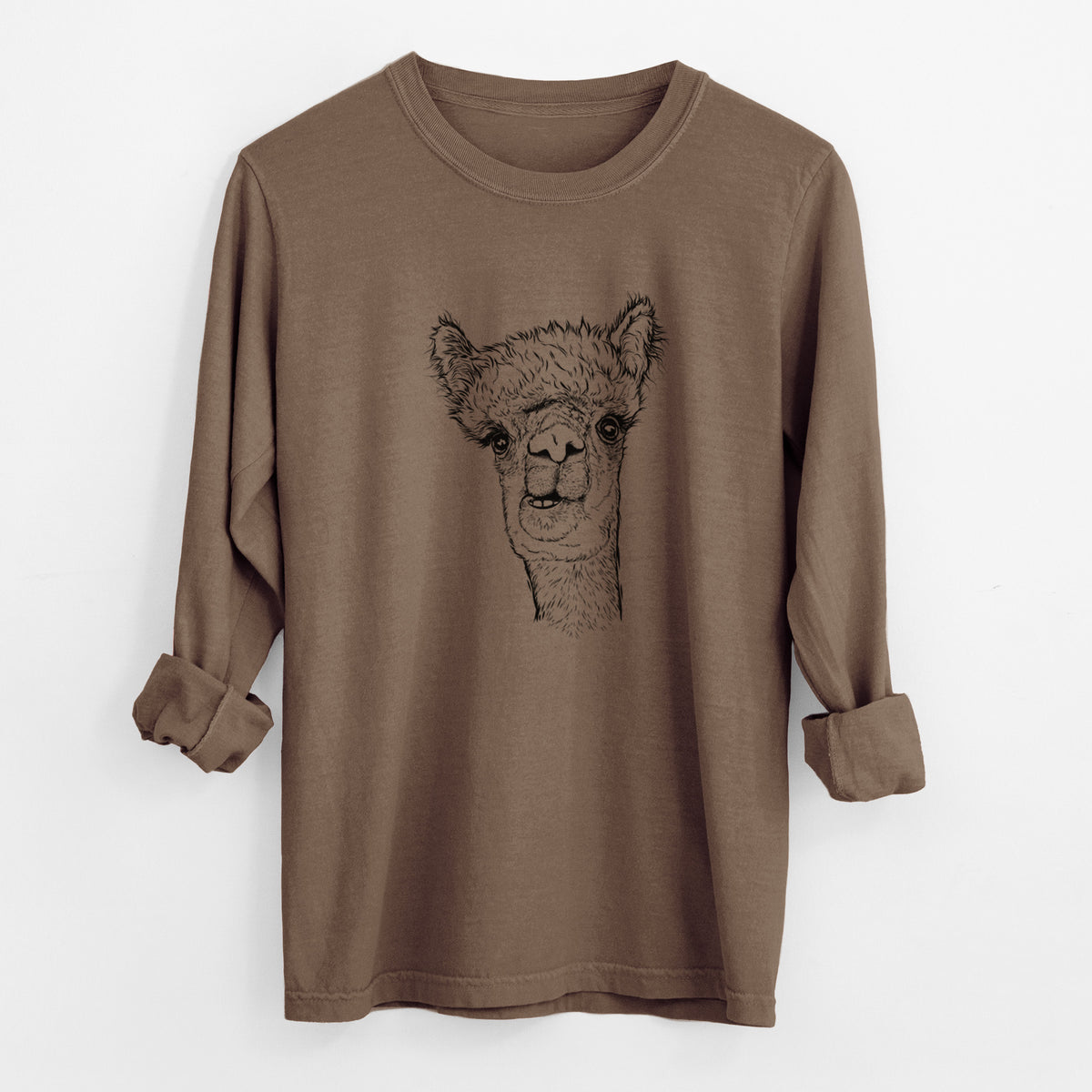 Espresso brown Comfort Colors long sleeve shirt laid flat with the cuffs rolled, printed with a detailed black ink portrait of a fluffy alpaca's head and neck.