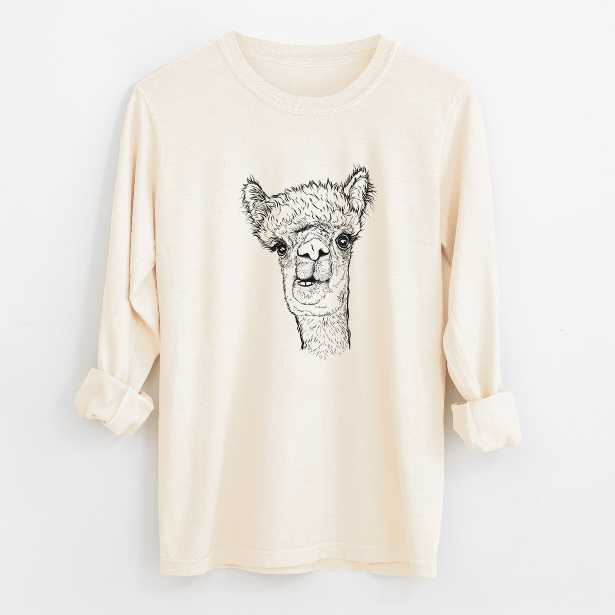 Ivory Comfort Colors long sleeve shirt laid flat with the cuffs rolled, printed with a detailed black ink portrait of a fluffy alpaca's head and neck.