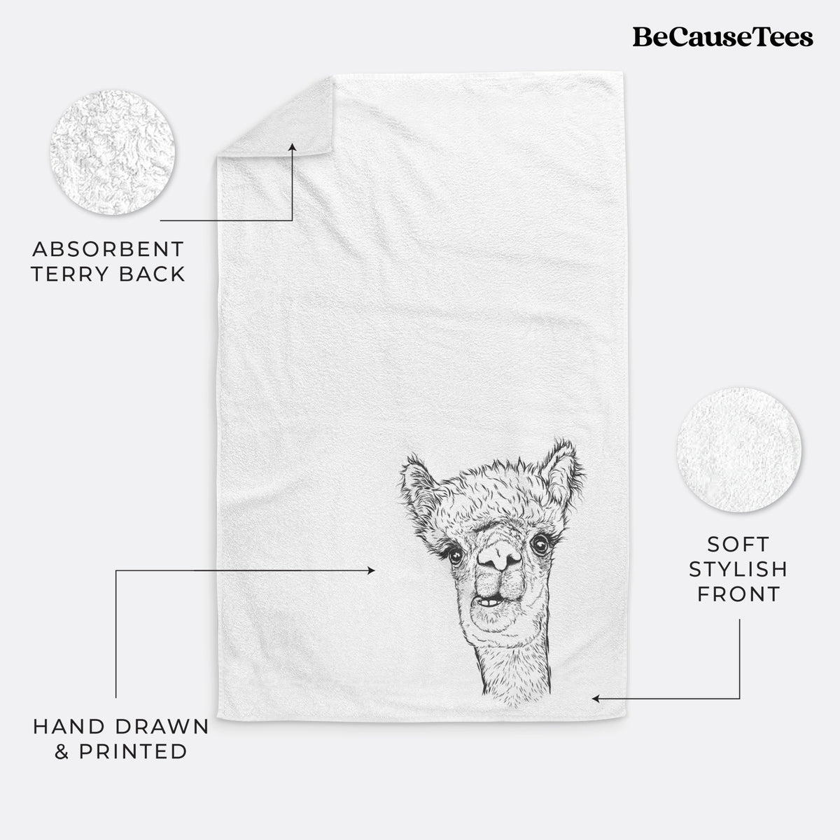 White hand towel printed with a detailed black ink portrait of a fluffy alpaca's head and neck.