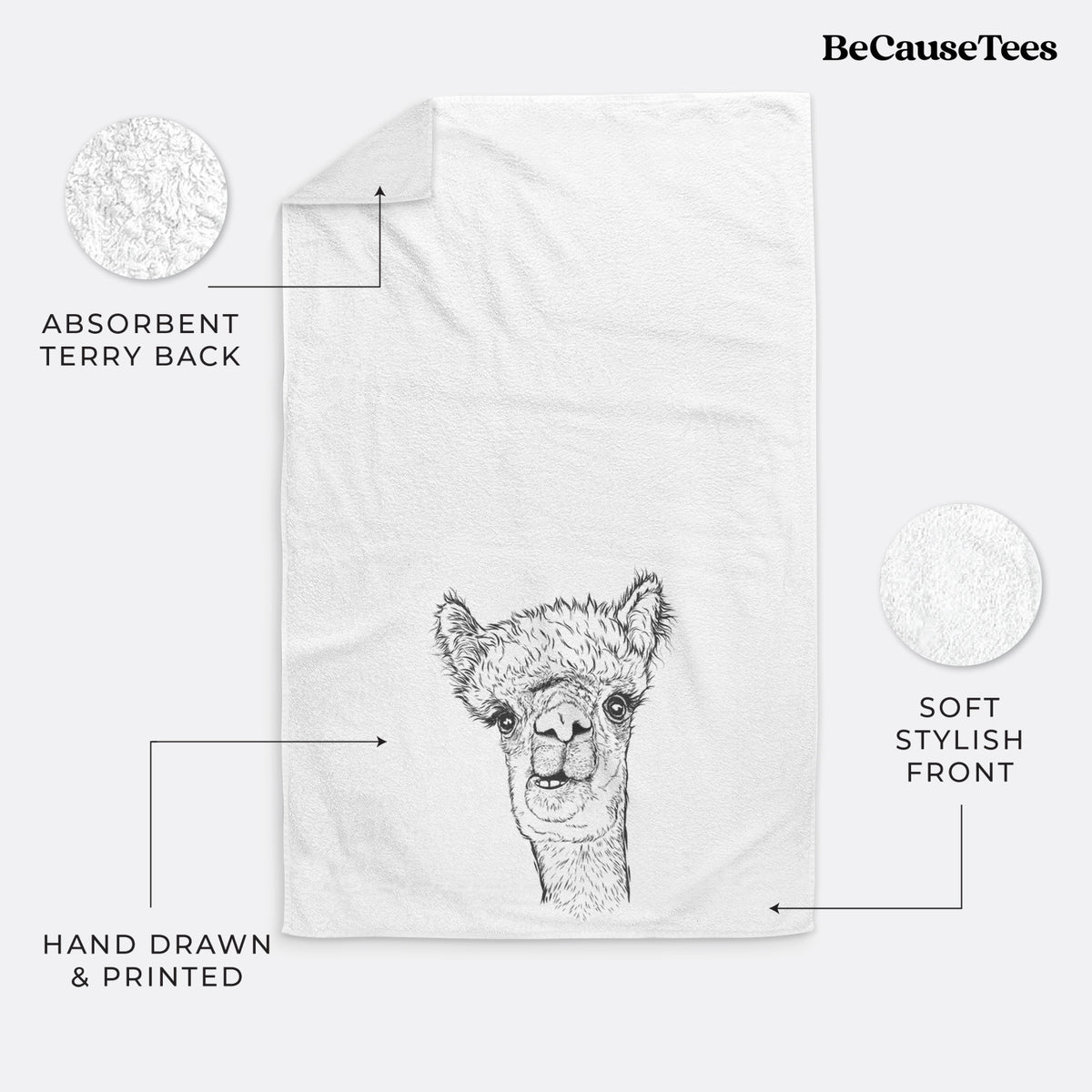 White hand towel printed with a detailed black ink portrait of a fluffy alpaca's head and neck.