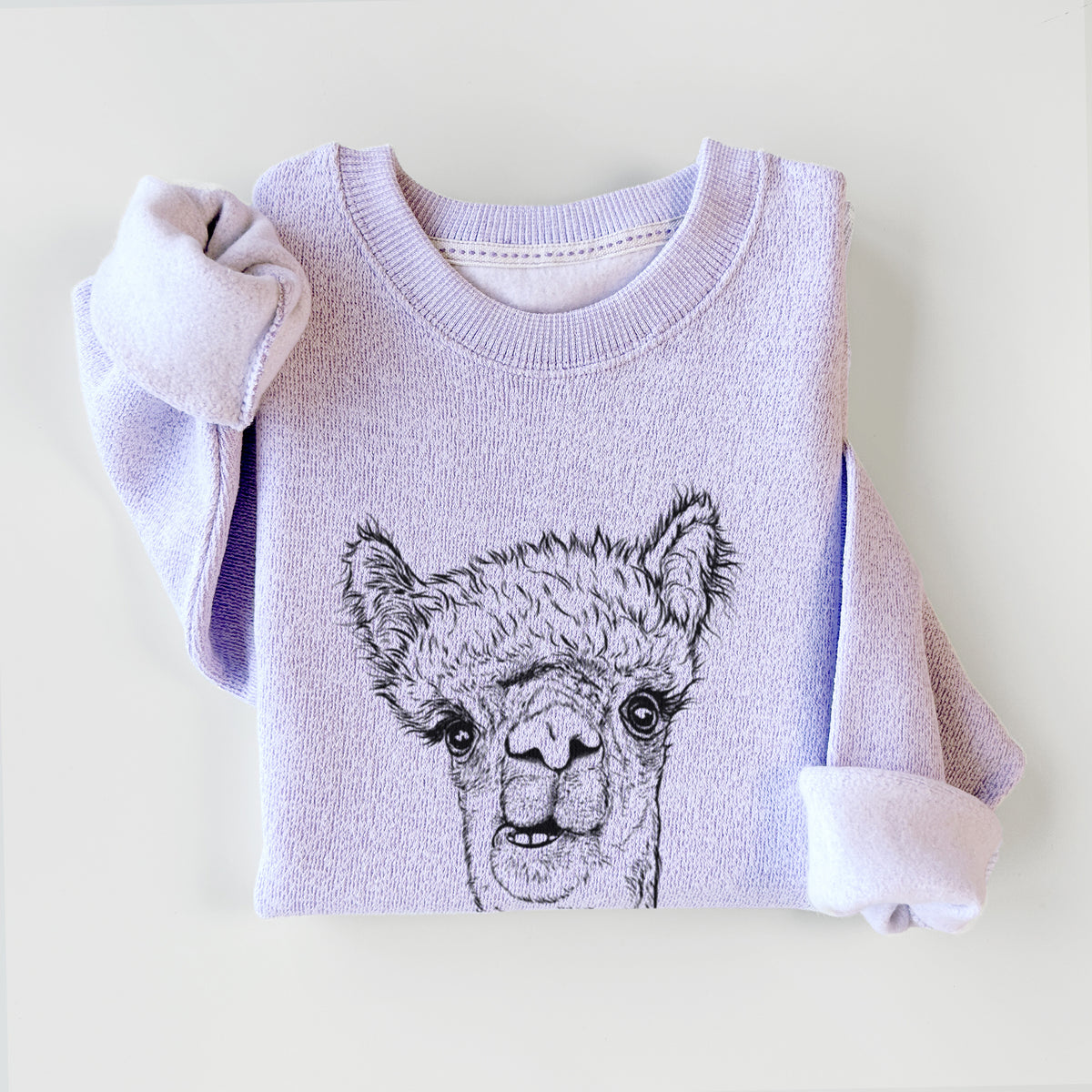 Ice purple knit sweatshirt printed with a detailed black ink portrait of a fluffy alpaca's head and neck, styled flat.