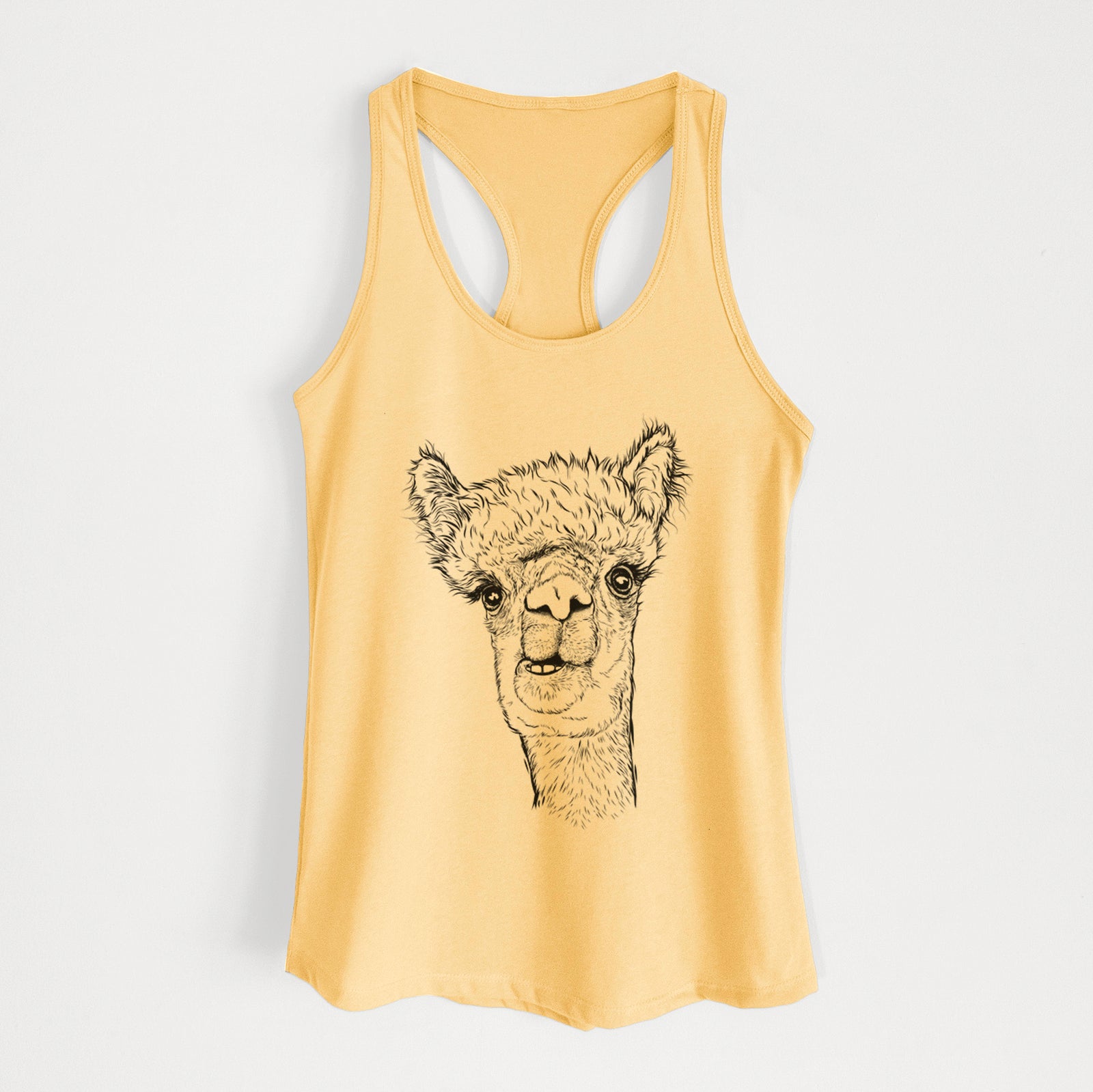 Banana cream women's racerback tank top laid flat, printed with a detailed black ink portrait of a fluffy alpaca's head and neck.