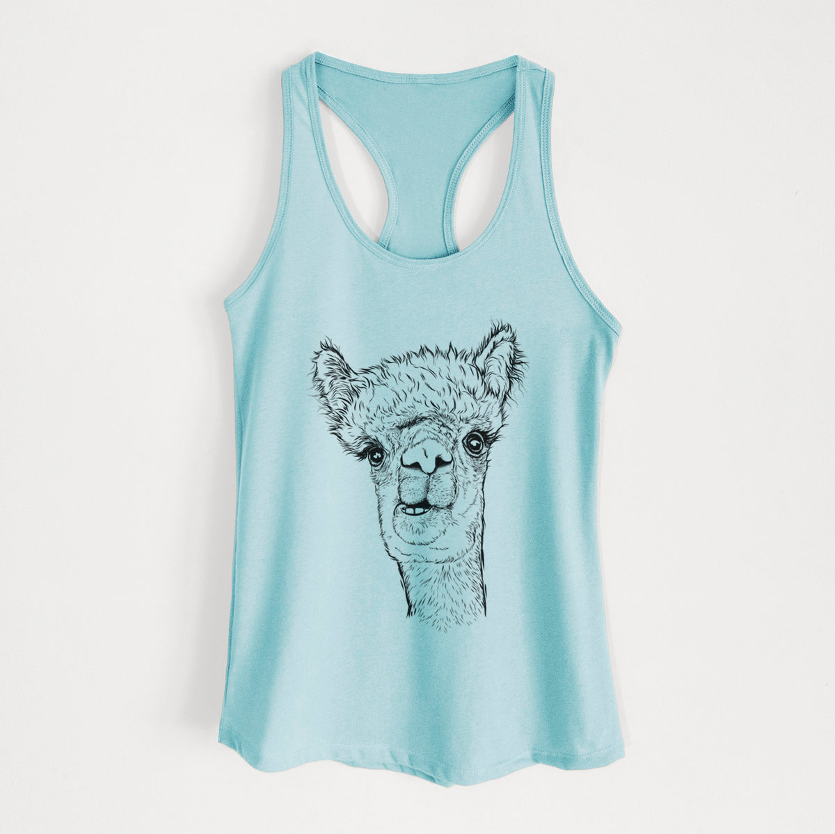 Cancun blue women's racerback tank top laid flat, printed with a detailed black ink portrait of a fluffy alpaca's head and neck.