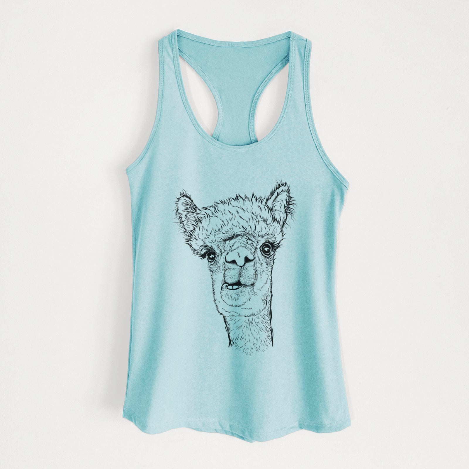 Banana cream women's racerback tank top laid flat, printed with a detailed black ink portrait of a fluffy alpaca's head and neck.