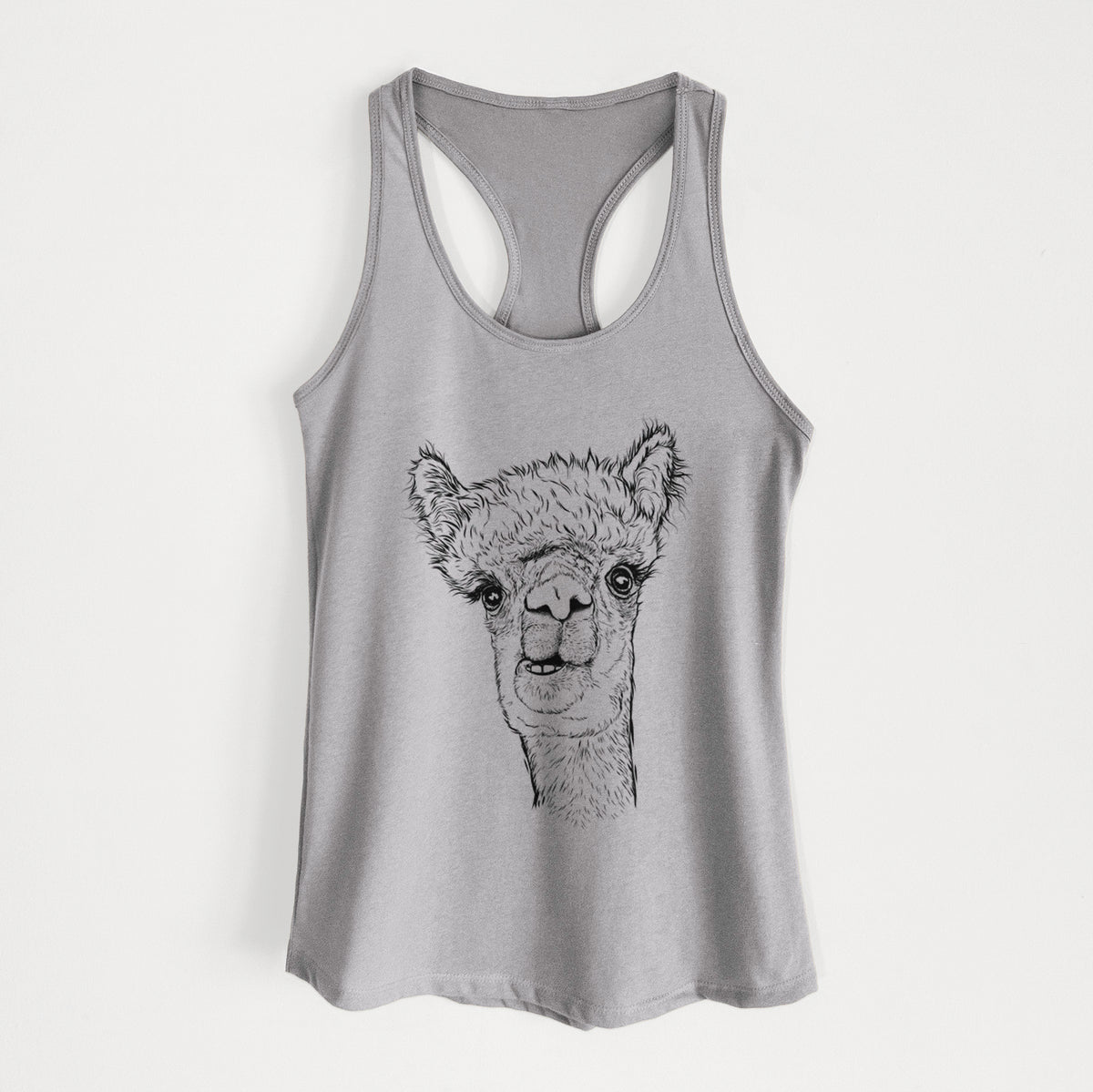 Heather grey women's racerback tank top laid flat, printed with a detailed black ink portrait of a fluffy alpaca's head and neck.