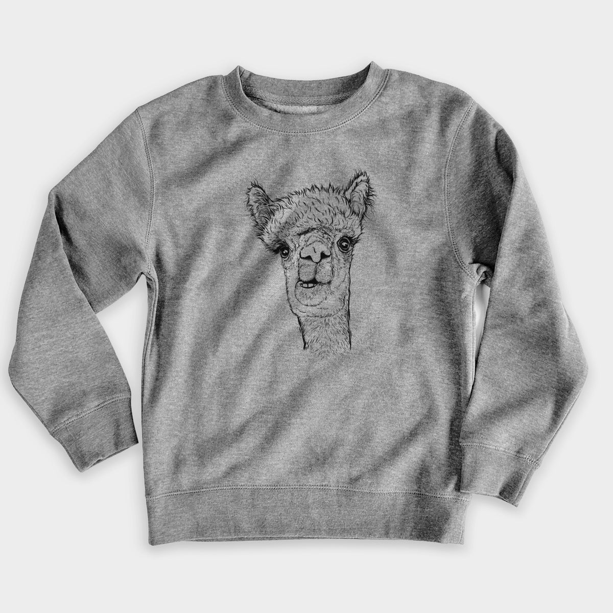 Nickel grey youth crewneck sweatshirt laid flat, printed with a detailed black ink portrait of a fluffy alpaca's head and neck.