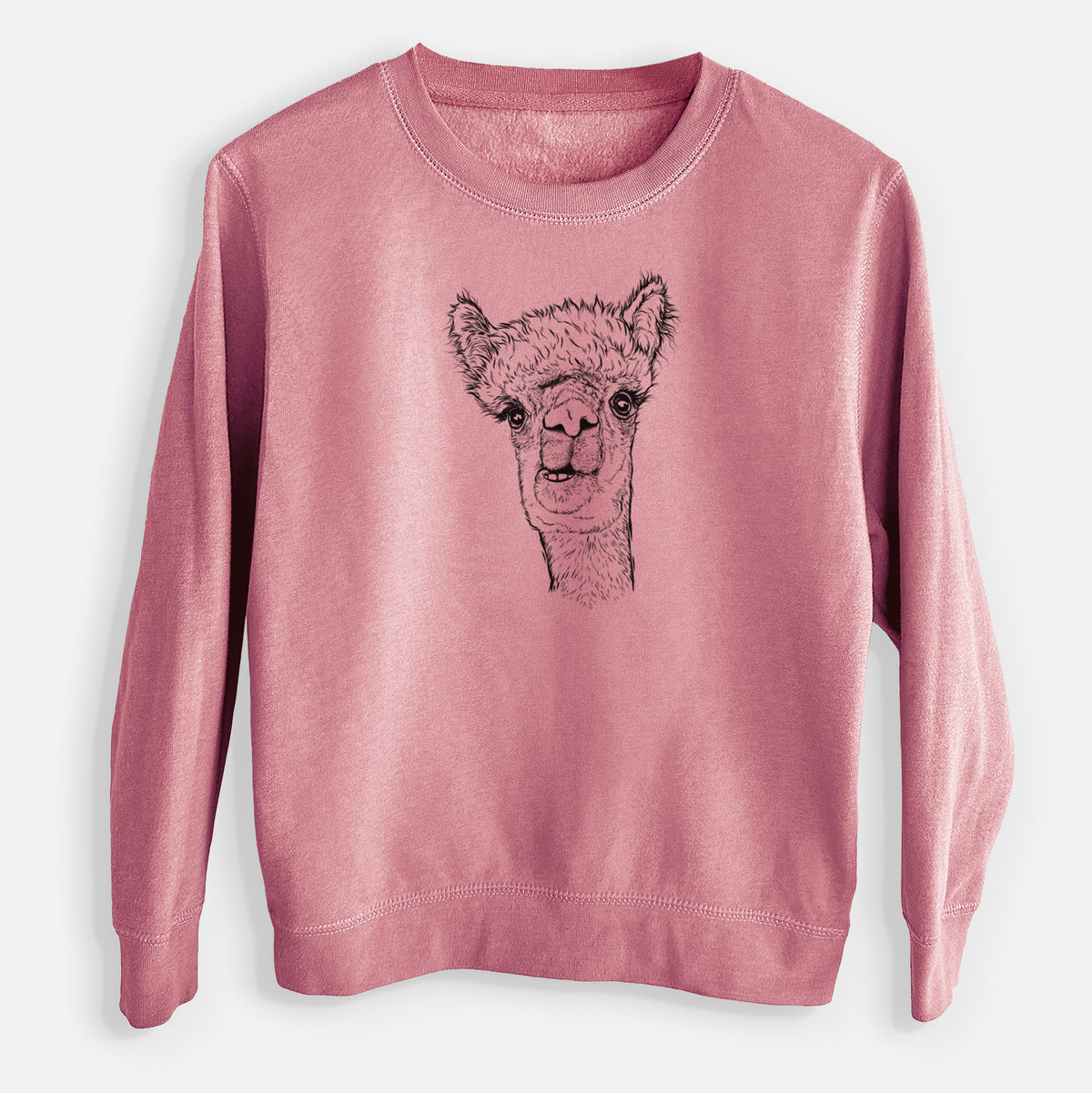 Mauve pink youth crewneck sweatshirt laid flat, printed with a detailed black ink portrait of a fluffy alpaca's head and neck.
