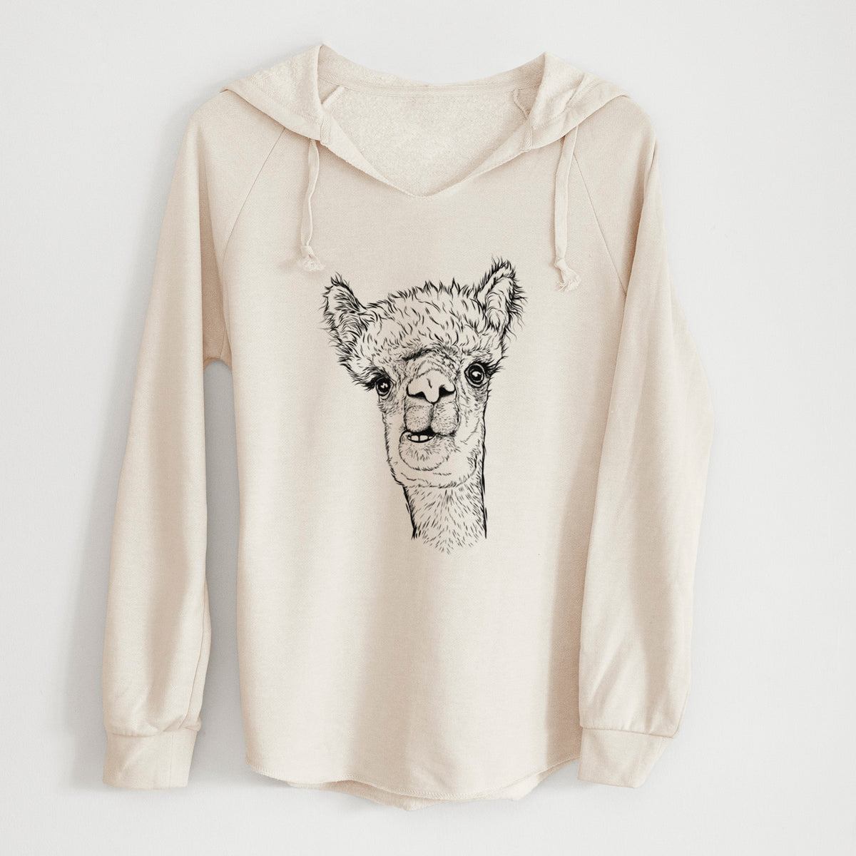 Bone cream women's Cali Wave hooded sweatshirt laid flat, printed with a detailed black ink portrait of a fluffy alpaca's head and neck.