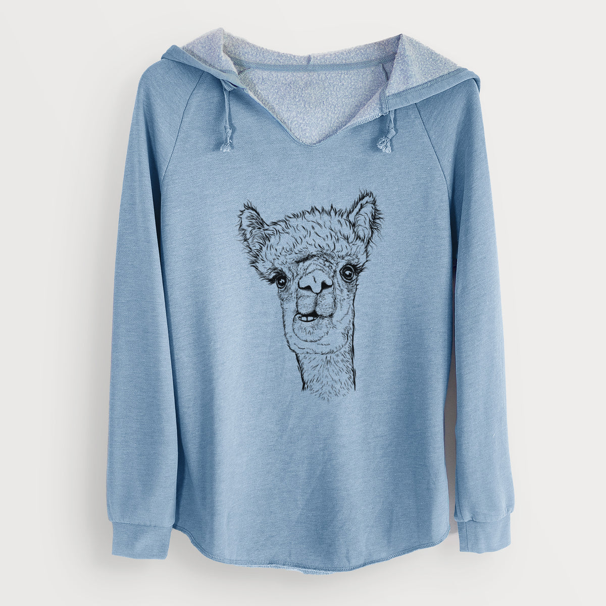 Misty blue women's Cali Wave hooded sweatshirt laid flat, printed with a detailed black ink portrait of a fluffy alpaca's head and neck.