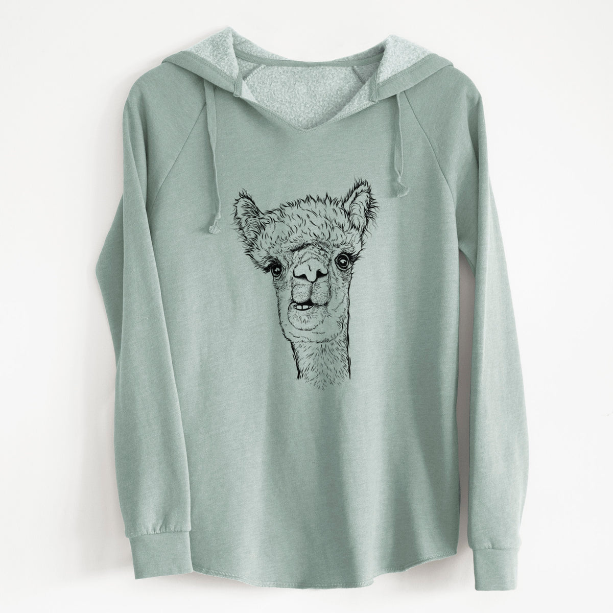 Sage green women's Cali Wave hooded sweatshirt laid flat, printed with a detailed black ink portrait of a fluffy alpaca's head and neck.