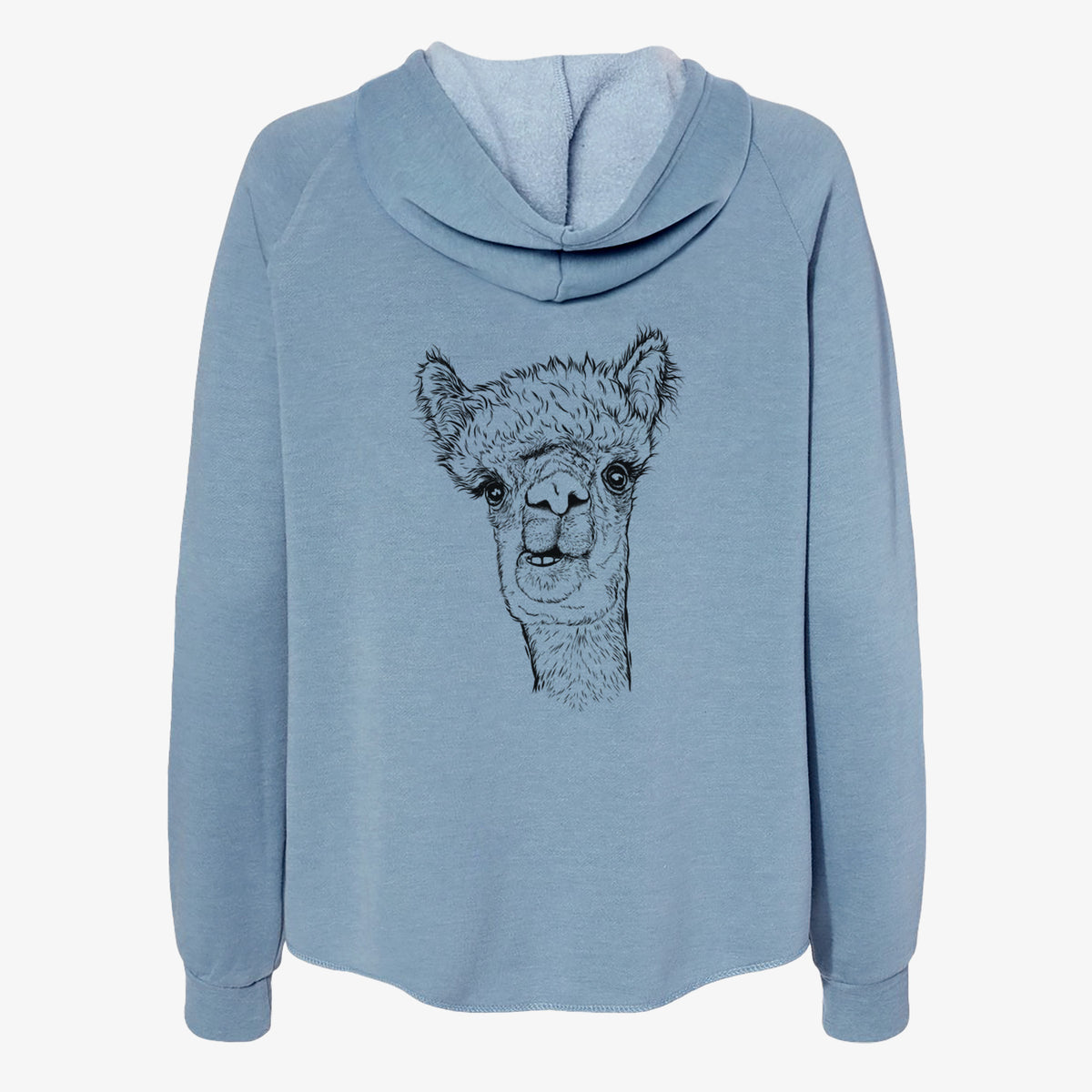 Misty blue women's Cali Wave zip-up sweatshirt laid flat, printed with a detailed black ink portrait of a fluffy alpaca's head and neck.