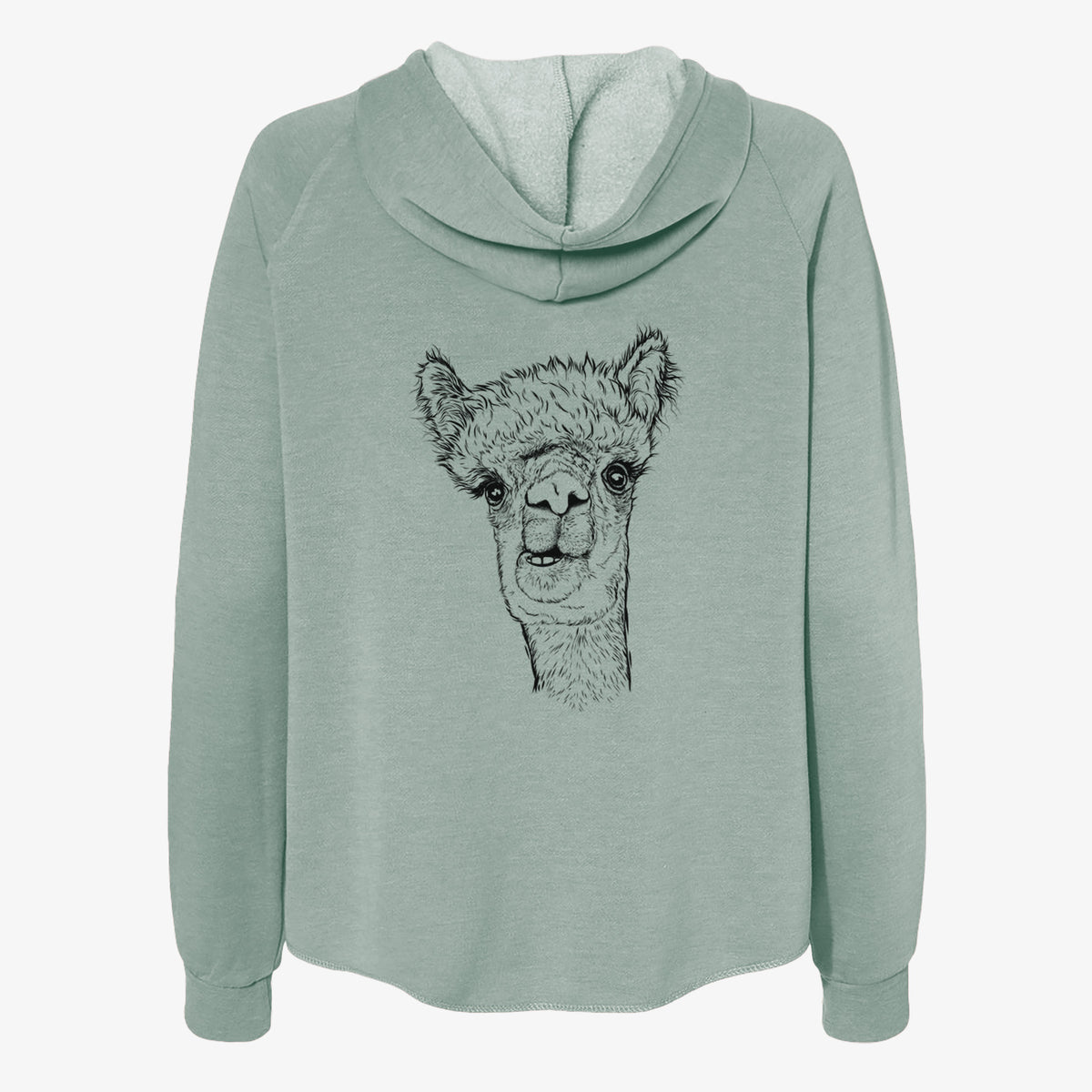 Sage green women's Cali Wave zip-up sweatshirt laid flat, printed with a detailed black ink portrait of a fluffy alpaca's head and neck.