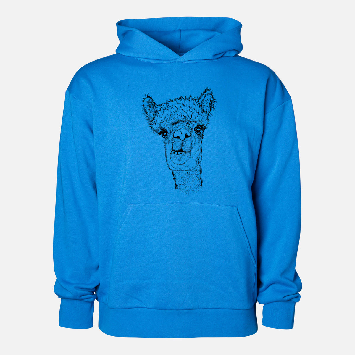 Alpaca - Statement Midweight Hoodie in Azure Blue, shown from the front with the design printed on the chest above a front kangaroo pocket.