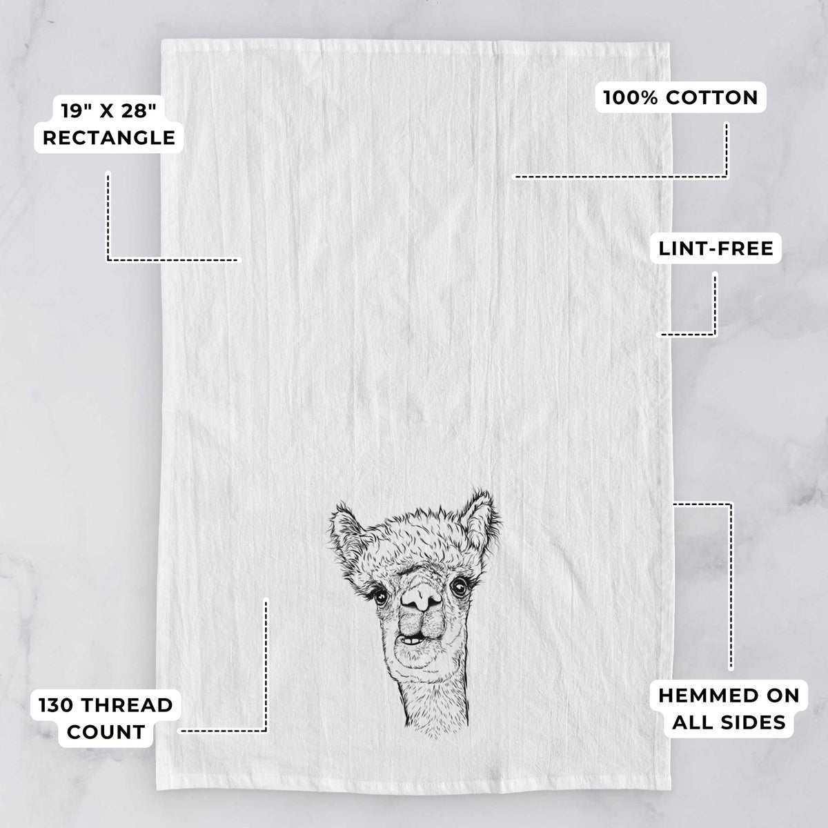 White tea towel printed with a detailed black ink portrait of a fluffy alpaca's head and neck, with feature labels: 19 by 28 inch rectangle, 100% cotton, lint-free, 130 thread count, hemmed on all sides.