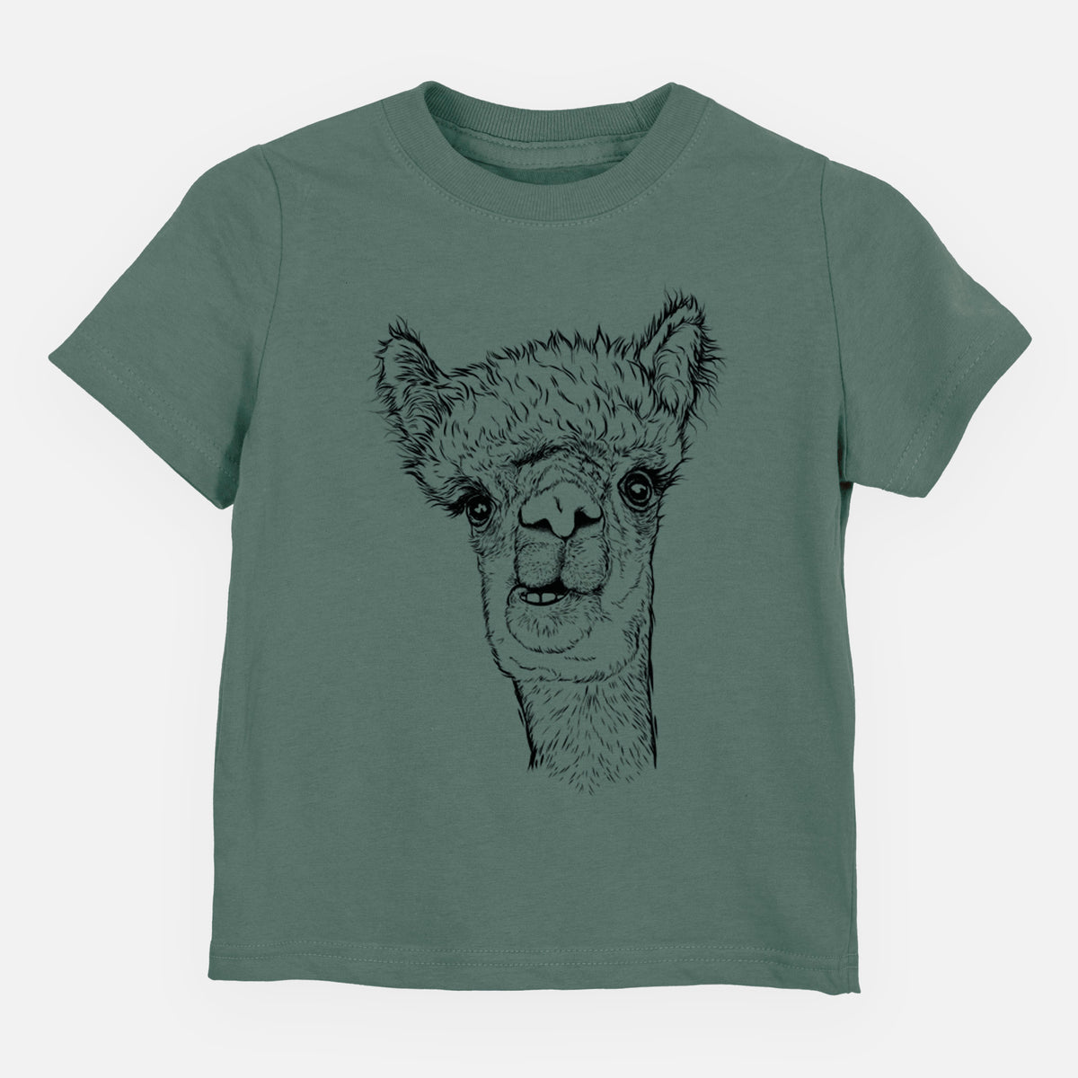 Basil green toddler t-shirt laid flat, printed with a detailed black ink portrait of a fluffy alpaca's head and neck.