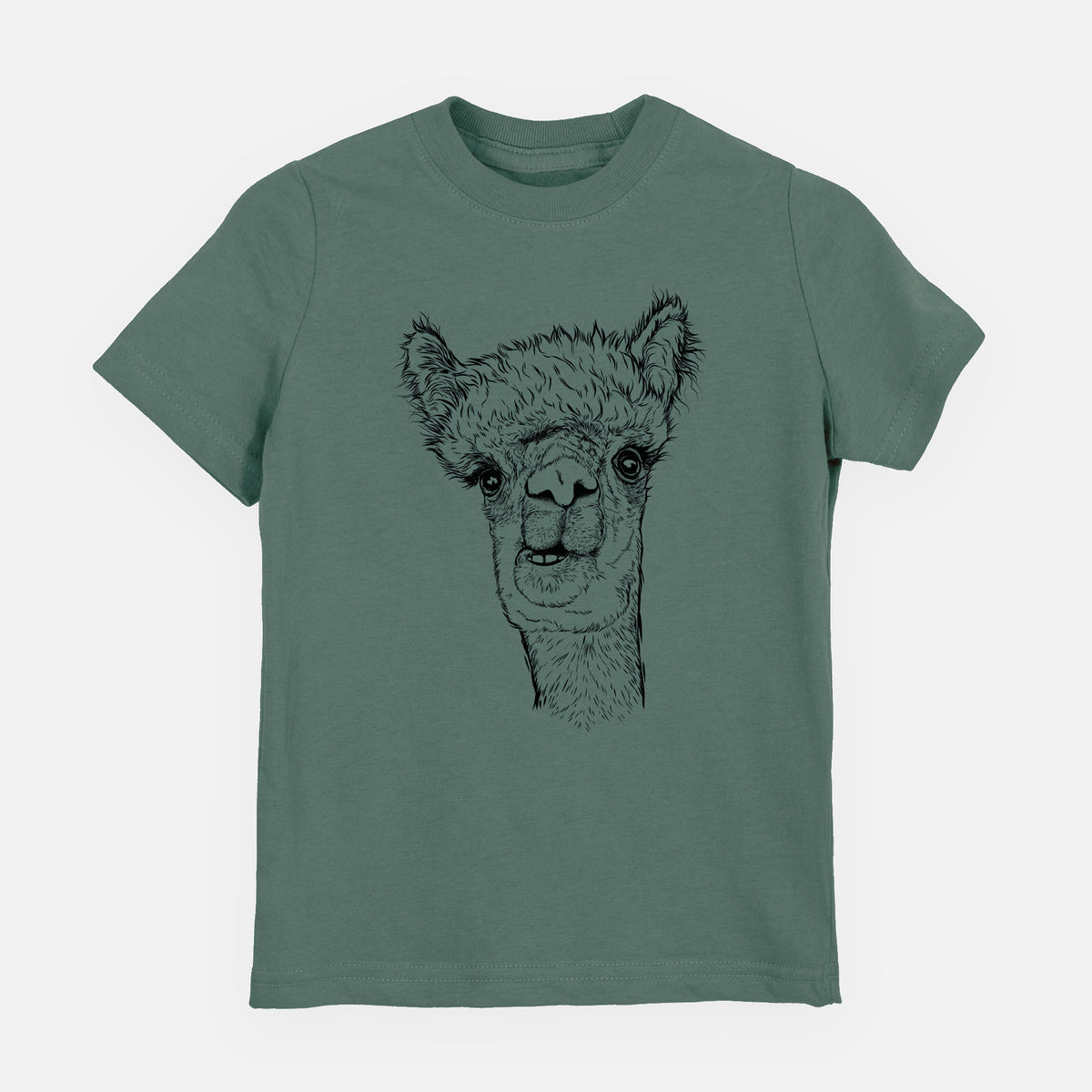 Basil green youth t-shirt laid flat, printed with a detailed black ink portrait of a fluffy alpaca's head and neck.