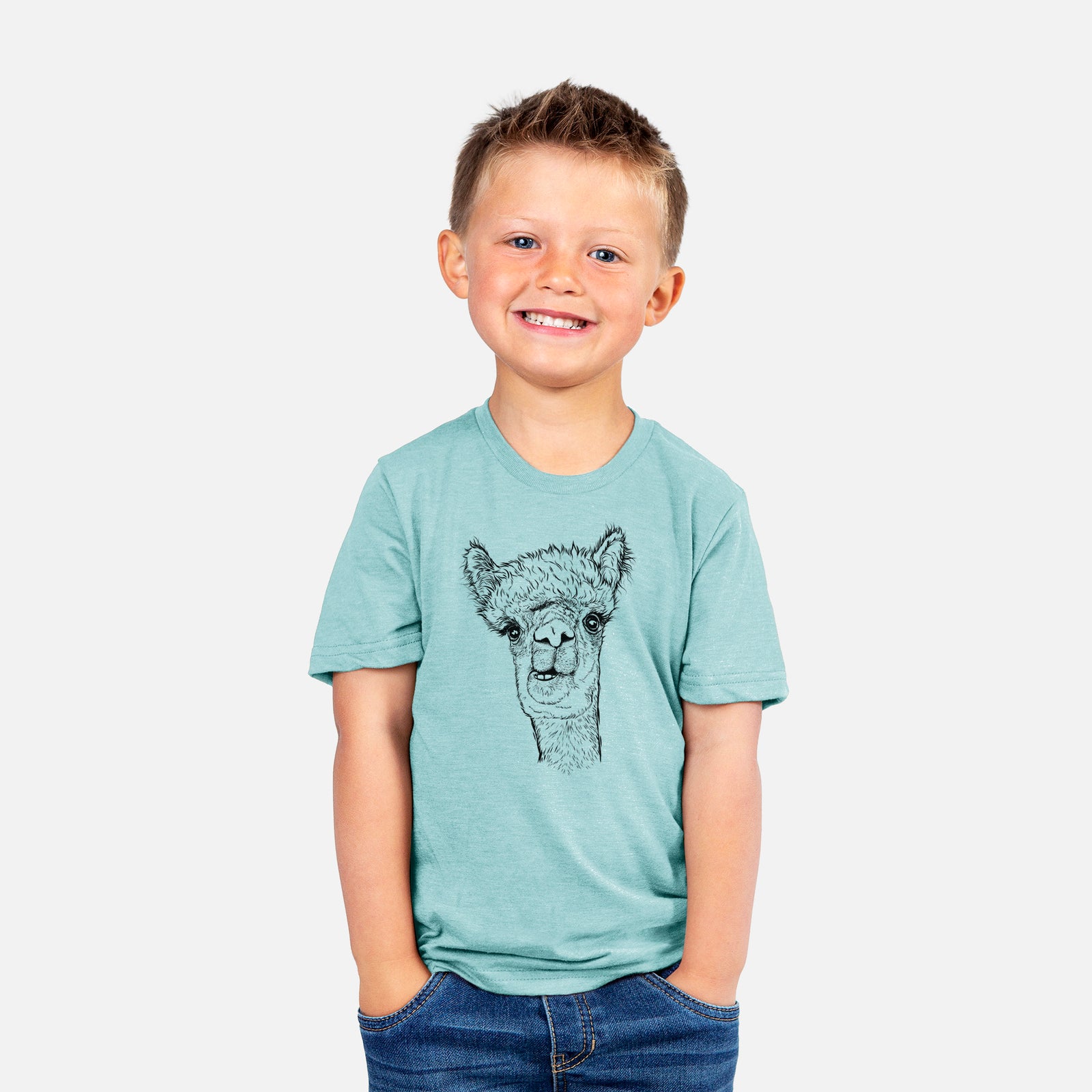 Two youth t-shirts in different colors on hangers, printed with a detailed black ink portrait of a fluffy alpaca's head and neck.