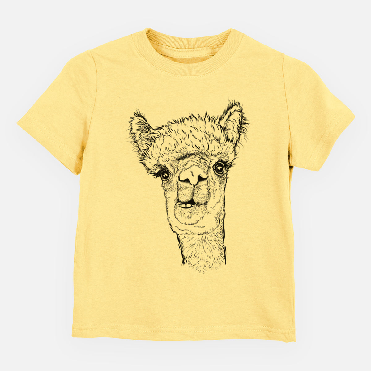 Butter yellow toddler t-shirt laid flat, printed with a detailed black ink portrait of a fluffy alpaca's head and neck.