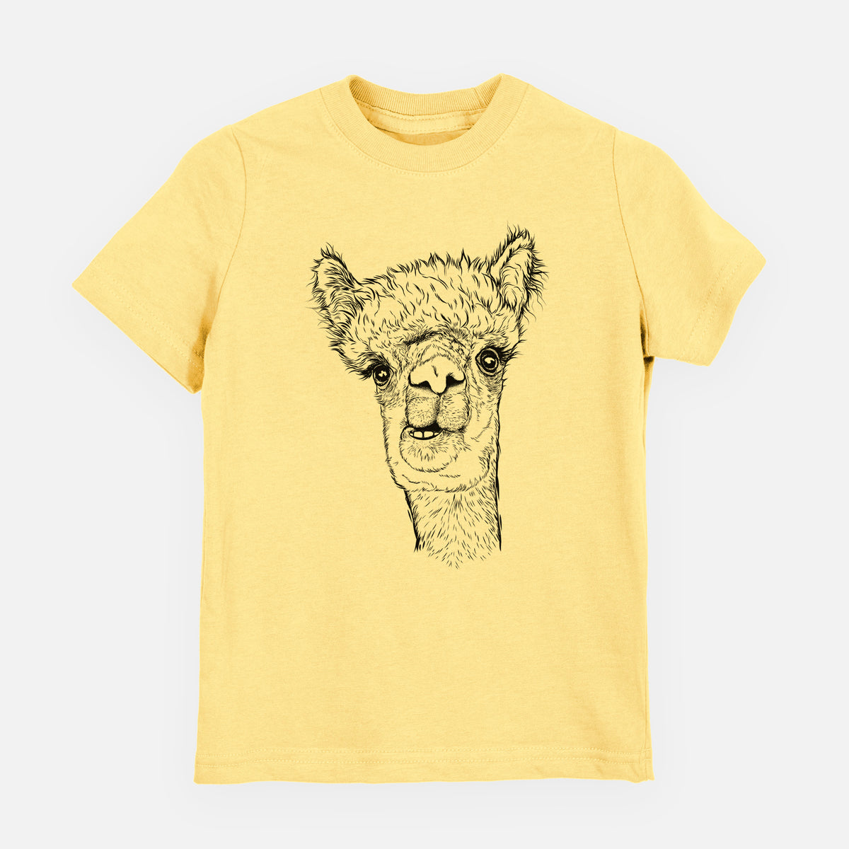 Butter yellow youth t-shirt laid flat, printed with a detailed black ink portrait of a fluffy alpaca's head and neck.