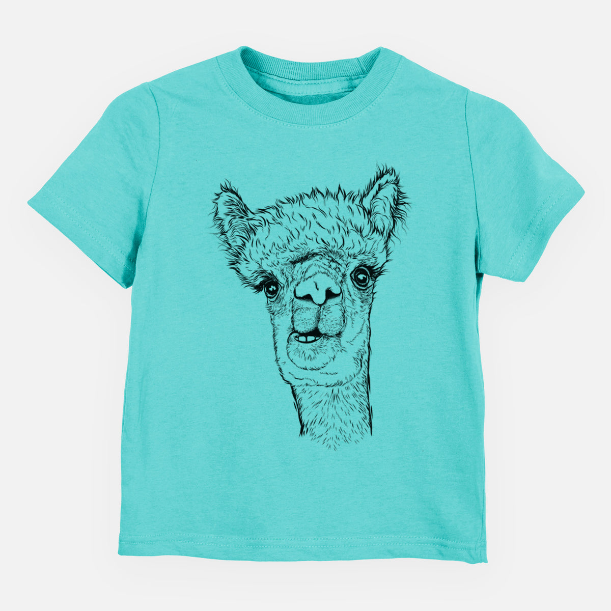 Caribbean blue toddler t-shirt laid flat, printed with a detailed black ink portrait of a fluffy alpaca's head and neck.