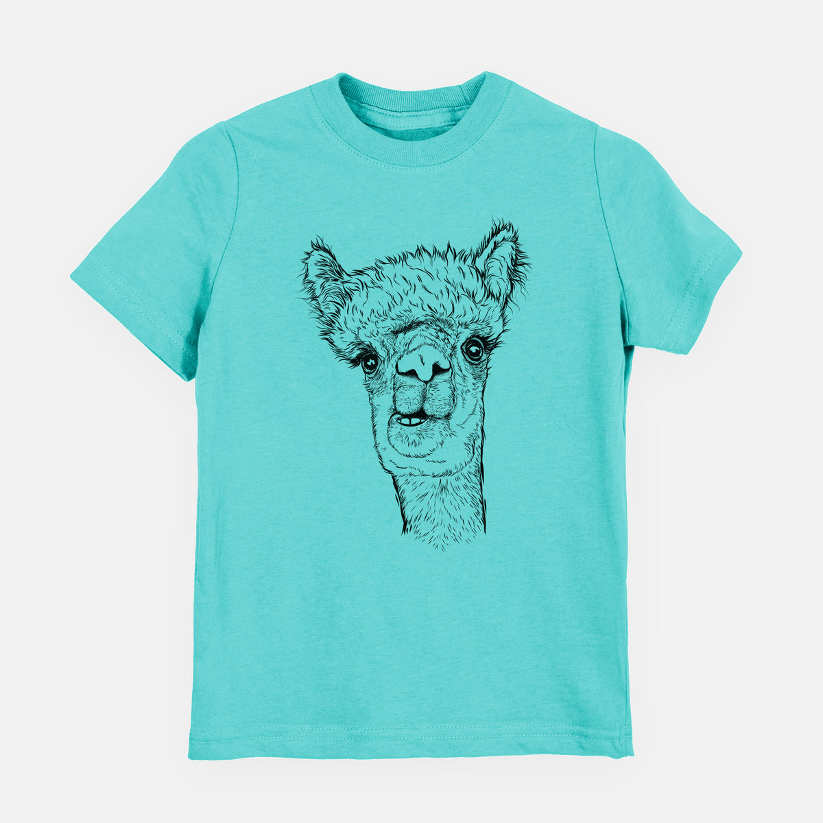 Caribbean blue youth t-shirt laid flat, printed with a detailed black ink portrait of a fluffy alpaca's head and neck.
