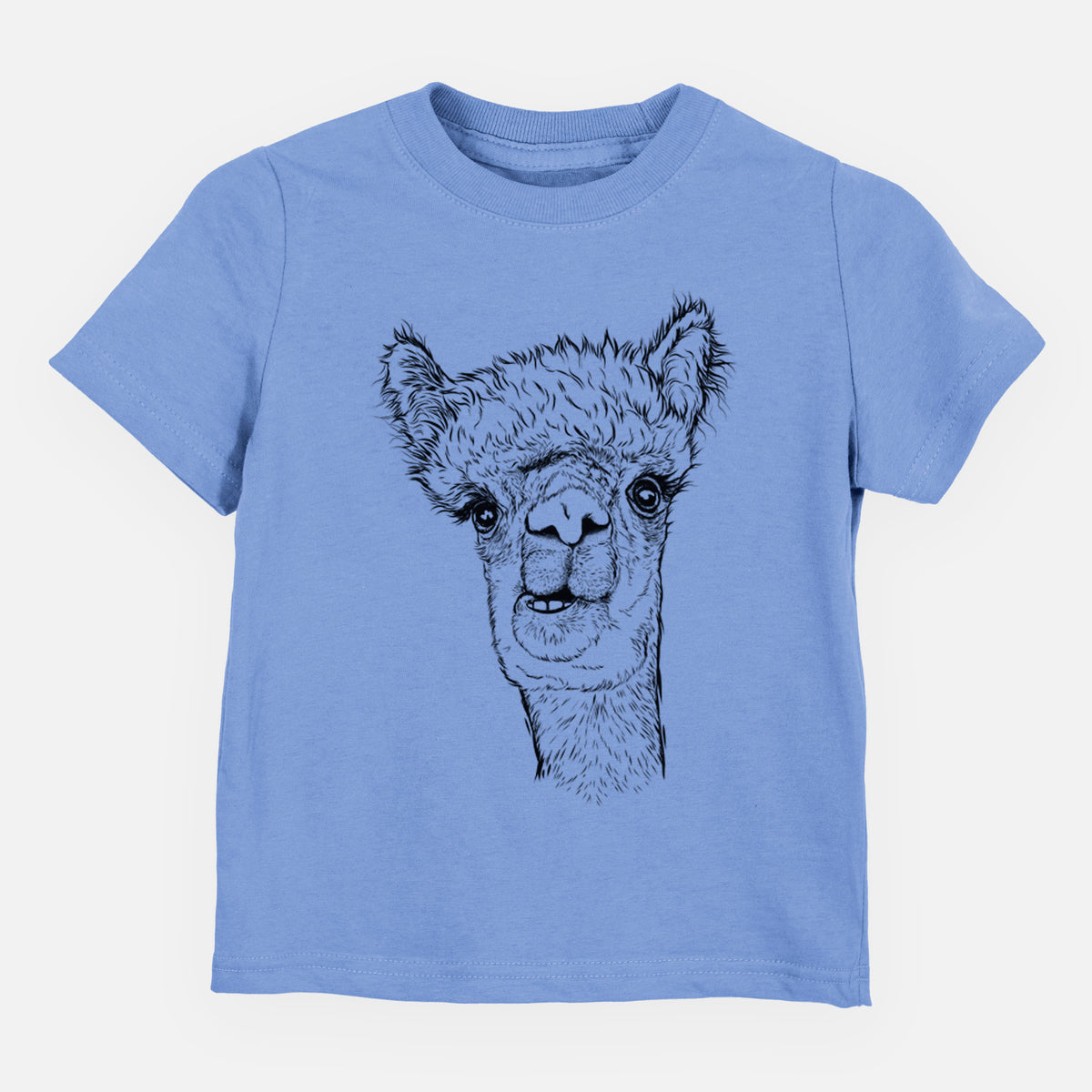 Carolina blue toddler t-shirt laid flat, printed with a detailed black ink portrait of a fluffy alpaca's head and neck.