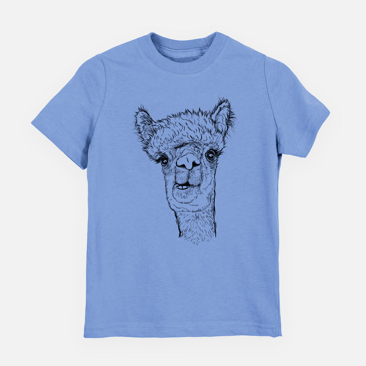 Carolina blue youth t-shirt laid flat, printed with a detailed black ink portrait of a fluffy alpaca's head and neck.