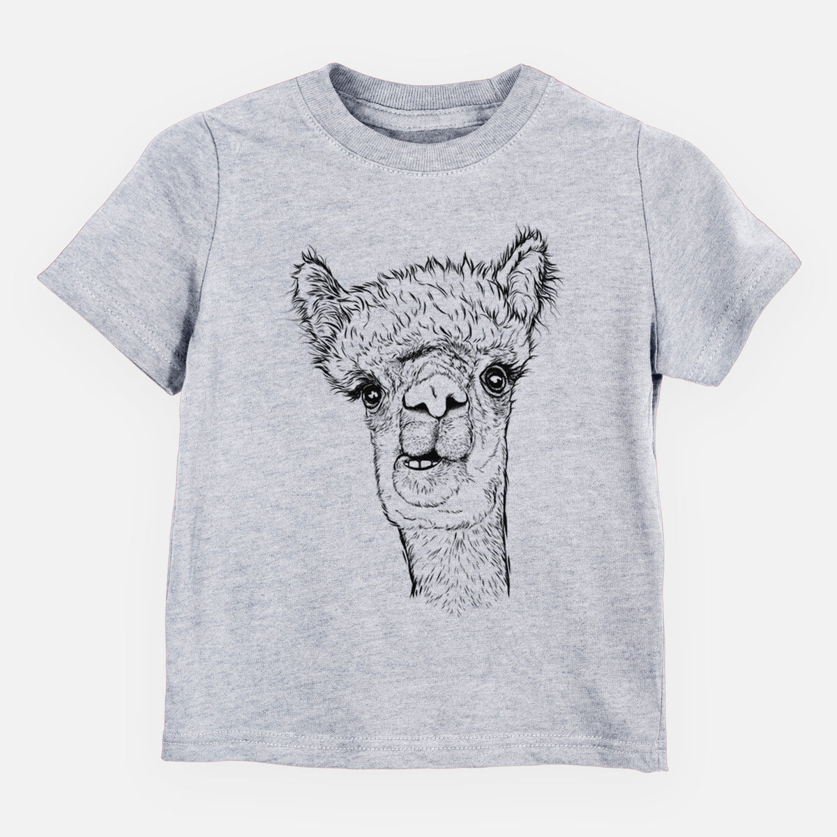 Heather grey toddler t-shirt laid flat, printed with a detailed black ink portrait of a fluffy alpaca's head and neck.