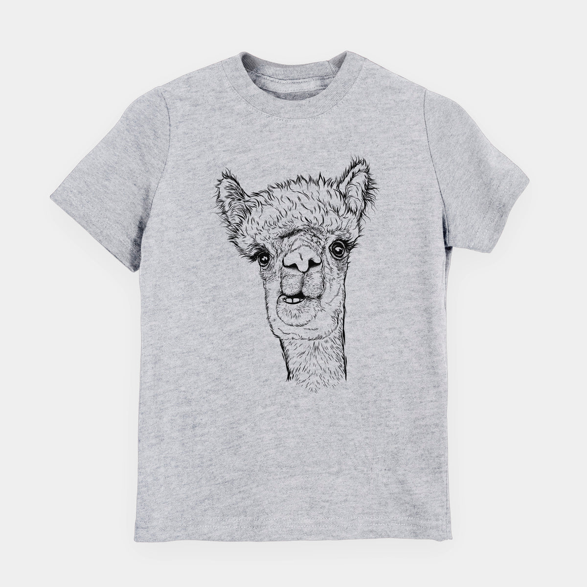 Heather grey youth t-shirt laid flat, printed with a detailed black ink portrait of a fluffy alpaca's head and neck.