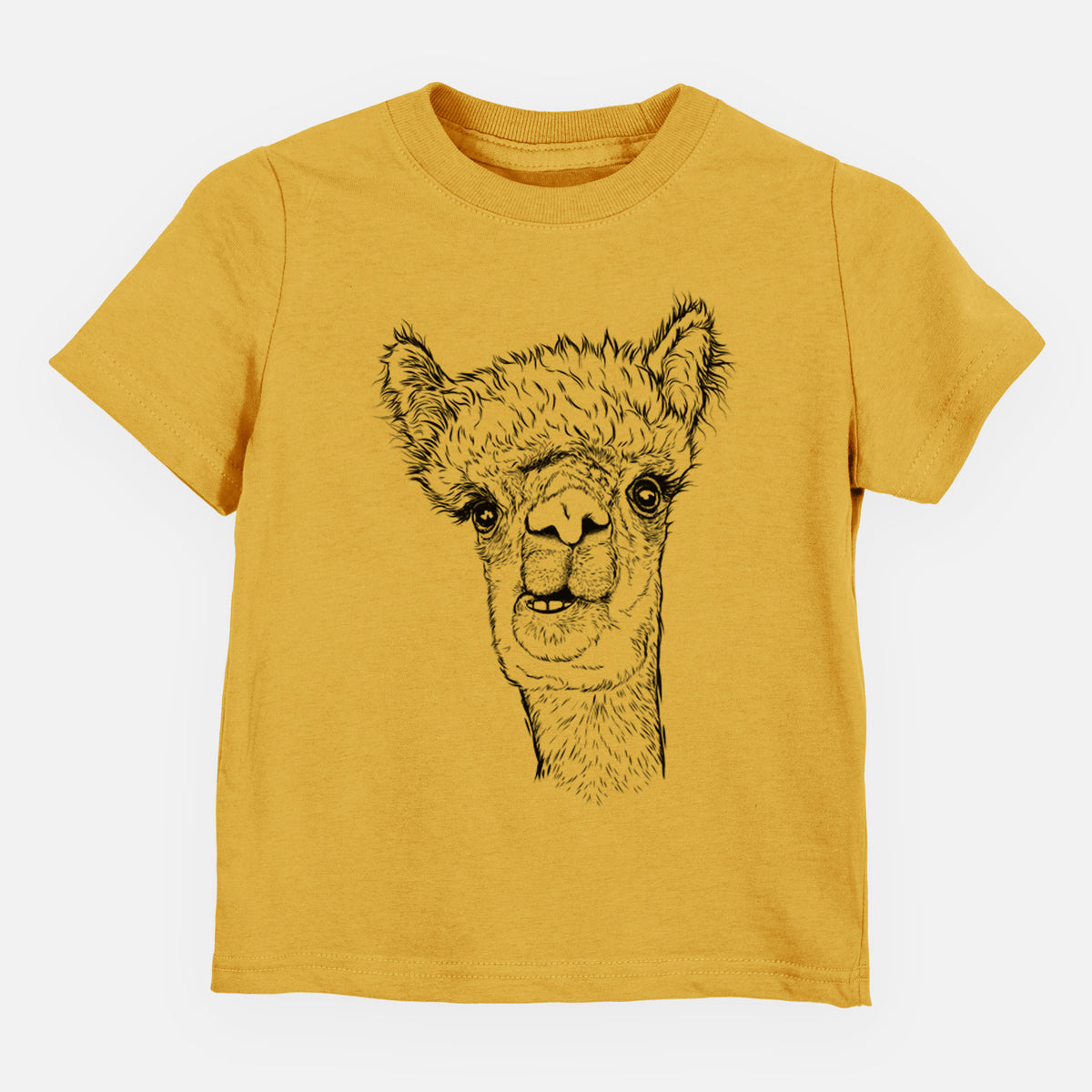 Honeycomb yellow toddler t-shirt laid flat, printed with a detailed black ink portrait of a fluffy alpaca's head and neck.
