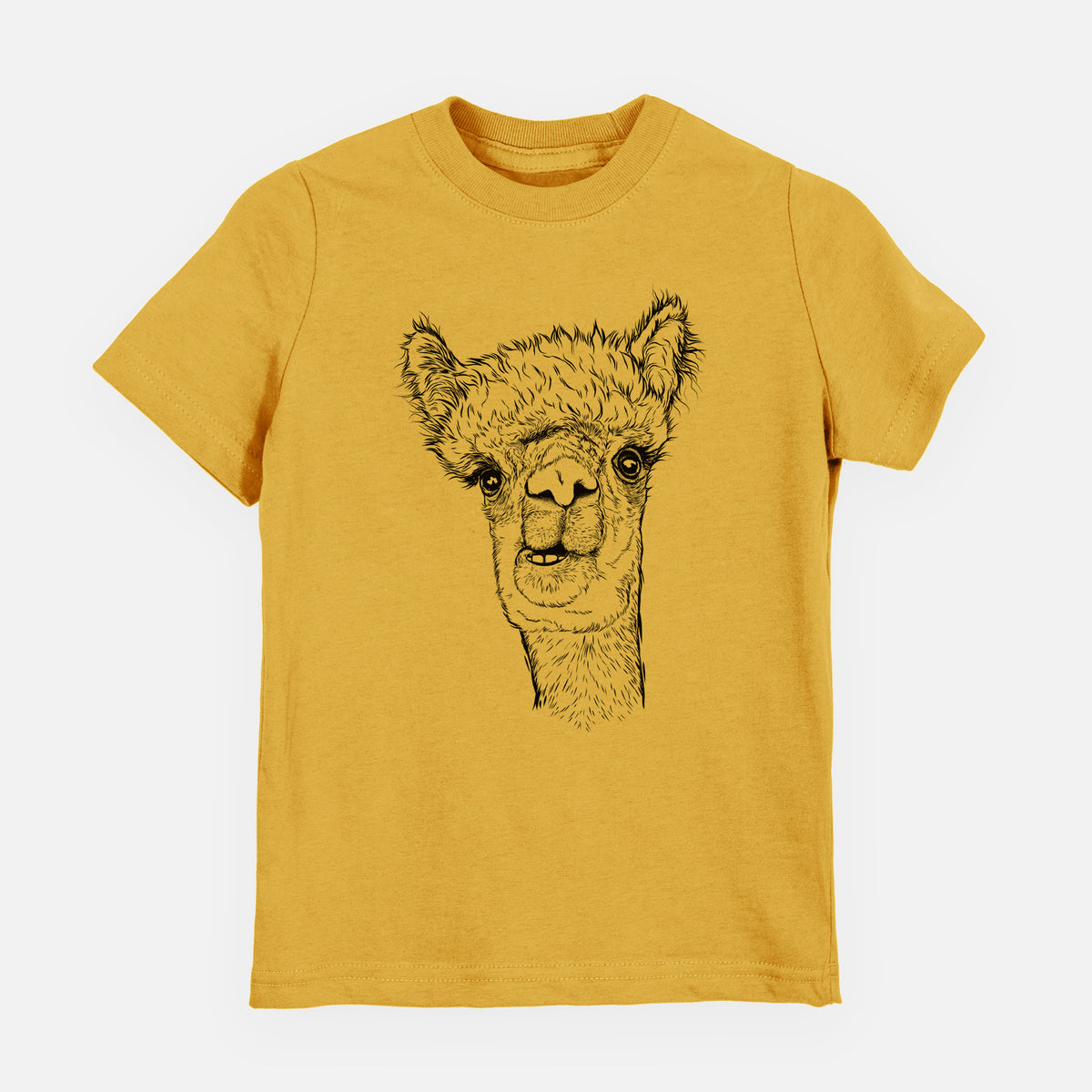 Honeycomb yellow youth t-shirt laid flat, printed with a detailed black ink portrait of a fluffy alpaca's head and neck.