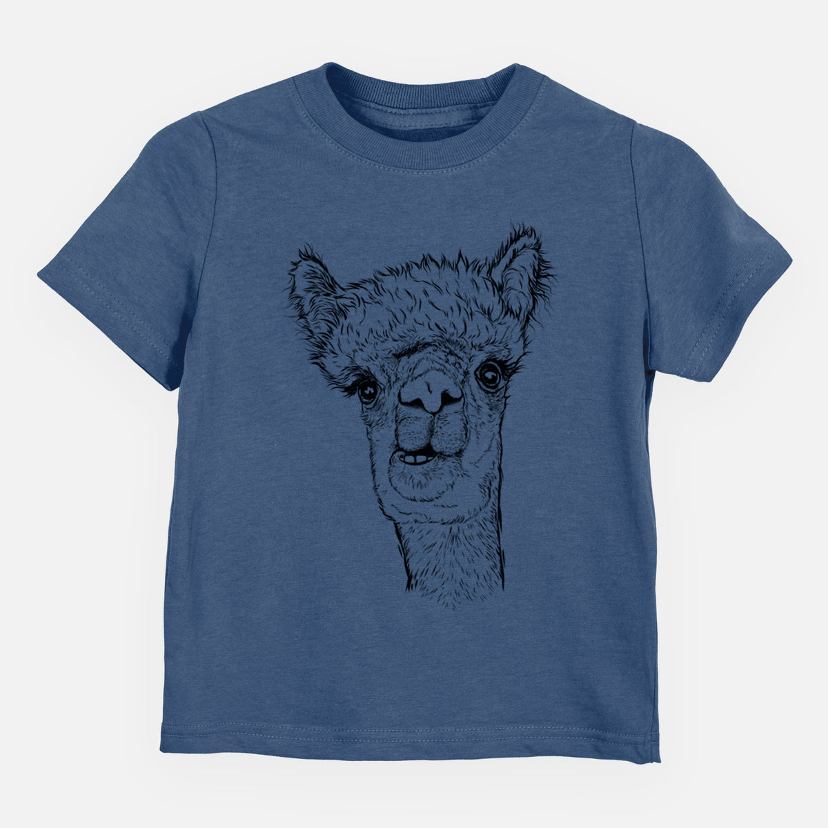 Indigo blue toddler t-shirt laid flat, printed with a detailed black ink portrait of a fluffy alpaca's head and neck.