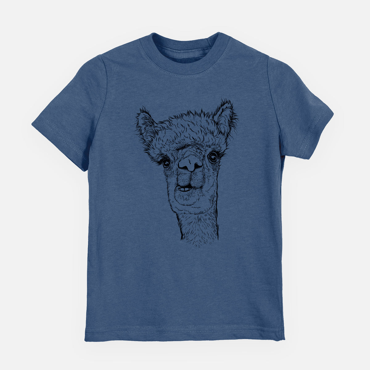 Indigo blue youth t-shirt laid flat, printed with a detailed black ink portrait of a fluffy alpaca's head and neck.