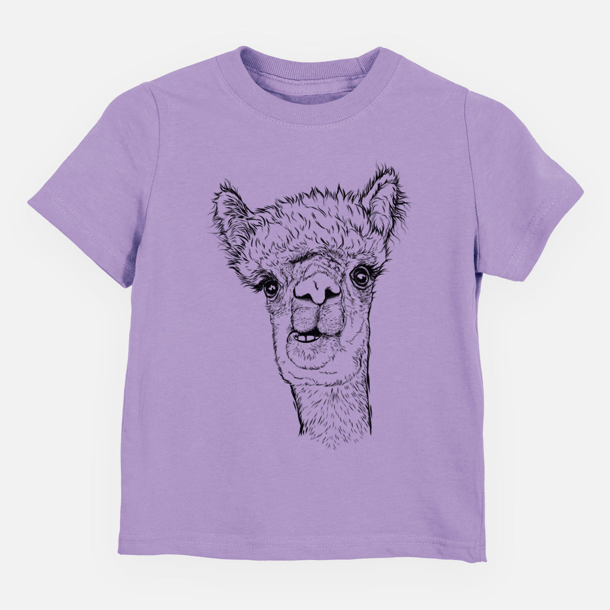 Lavender toddler t-shirt laid flat, printed with a detailed black ink portrait of a fluffy alpaca's head and neck.