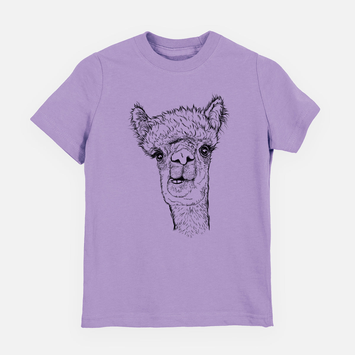 Lavender youth t-shirt laid flat, printed with a detailed black ink portrait of a fluffy alpaca's head and neck.