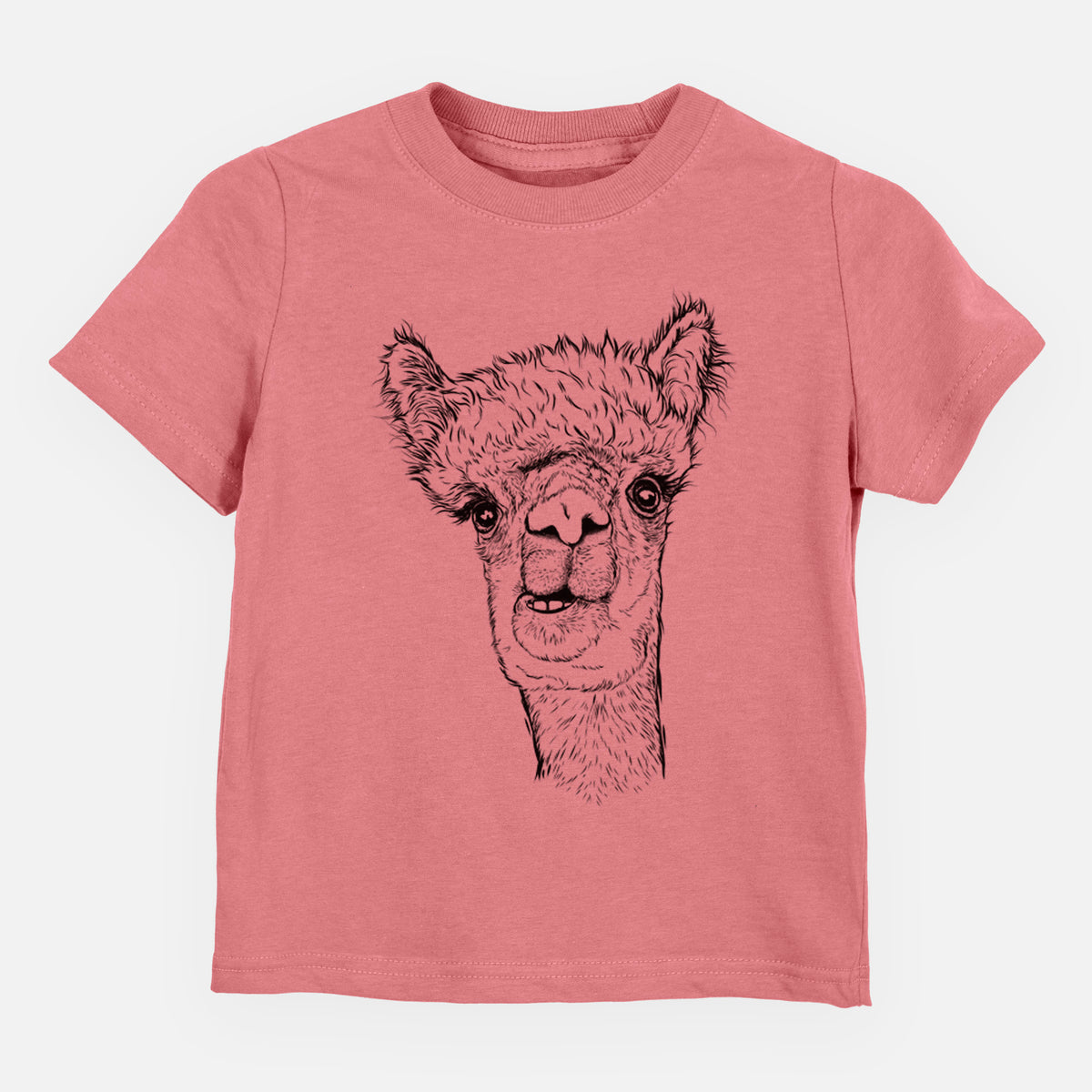 Mauve pink toddler t-shirt laid flat, printed with a detailed black ink portrait of a fluffy alpaca's head and neck.