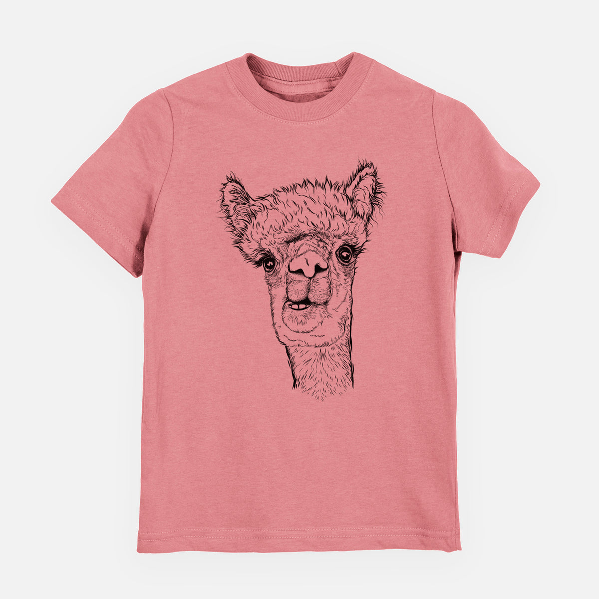 Mauve pink youth t-shirt laid flat, printed with a detailed black ink portrait of a fluffy alpaca's head and neck.