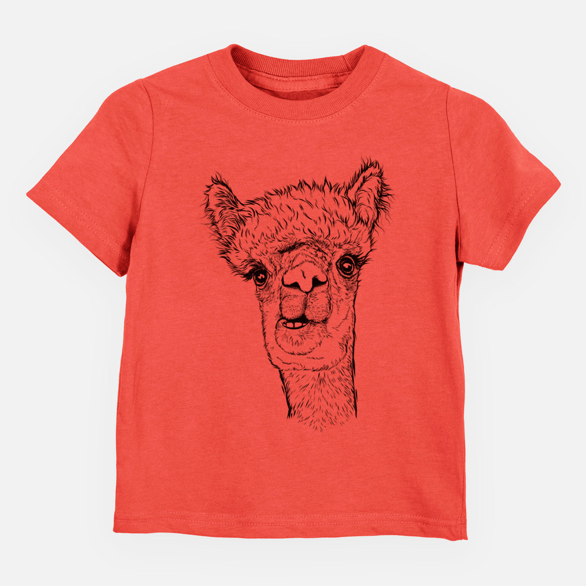 Passionfruit pink toddler t-shirt laid flat, printed with a detailed black ink portrait of a fluffy alpaca's head and neck.