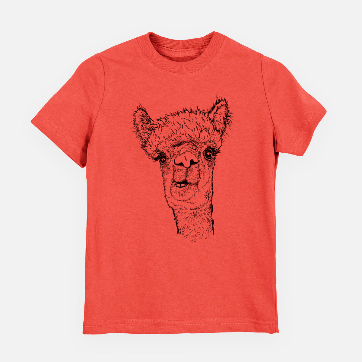 Passionfruit pink youth t-shirt laid flat, printed with a detailed black ink portrait of a fluffy alpaca's head and neck.