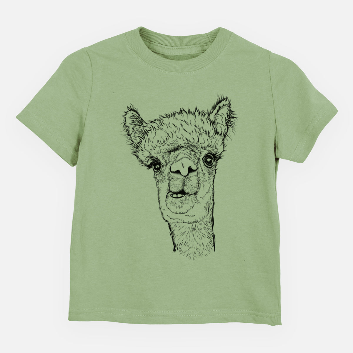 Sage green toddler t-shirt laid flat, printed with a detailed black ink portrait of a fluffy alpaca's head and neck.