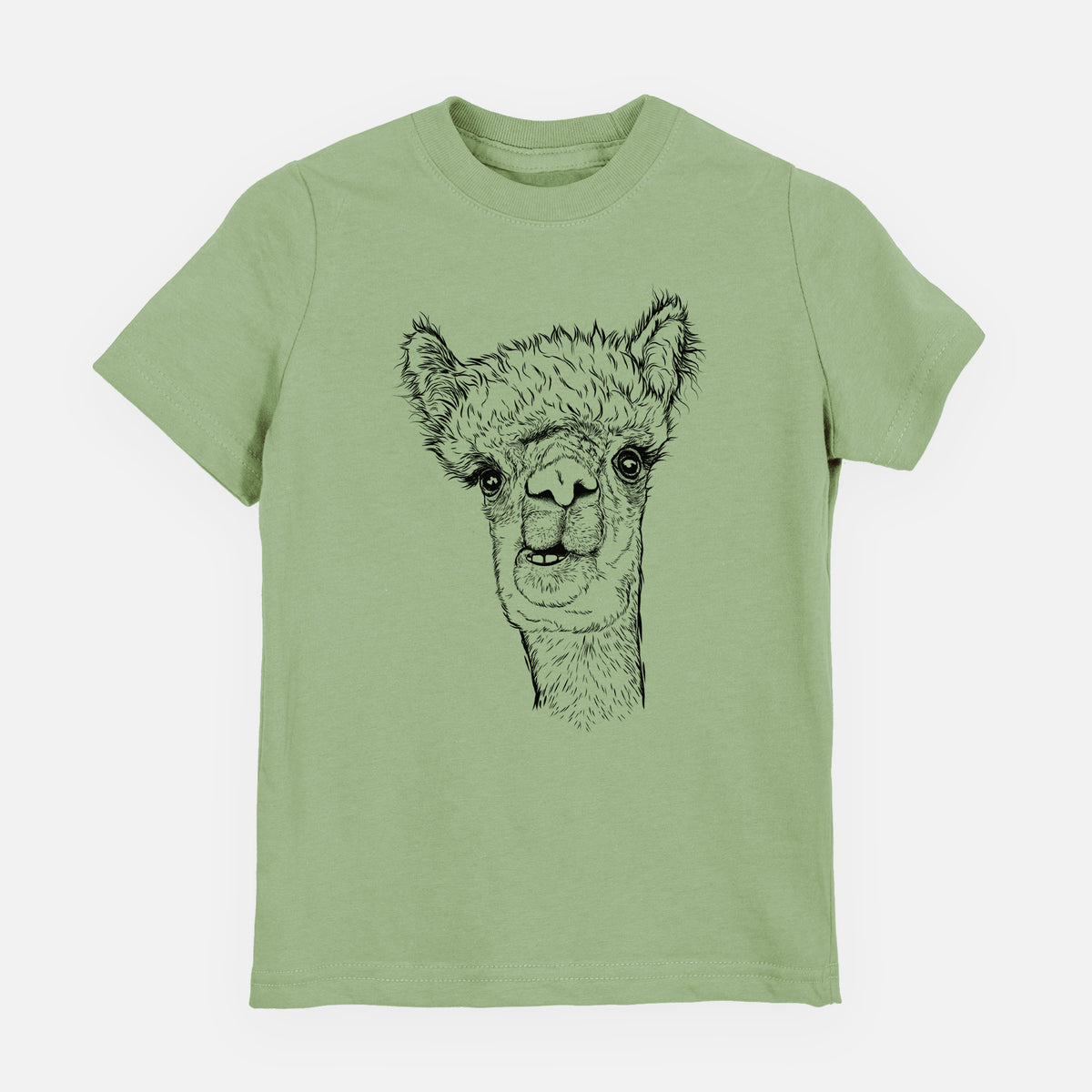 Sage green youth t-shirt laid flat, printed with a detailed black ink portrait of a fluffy alpaca's head and neck.